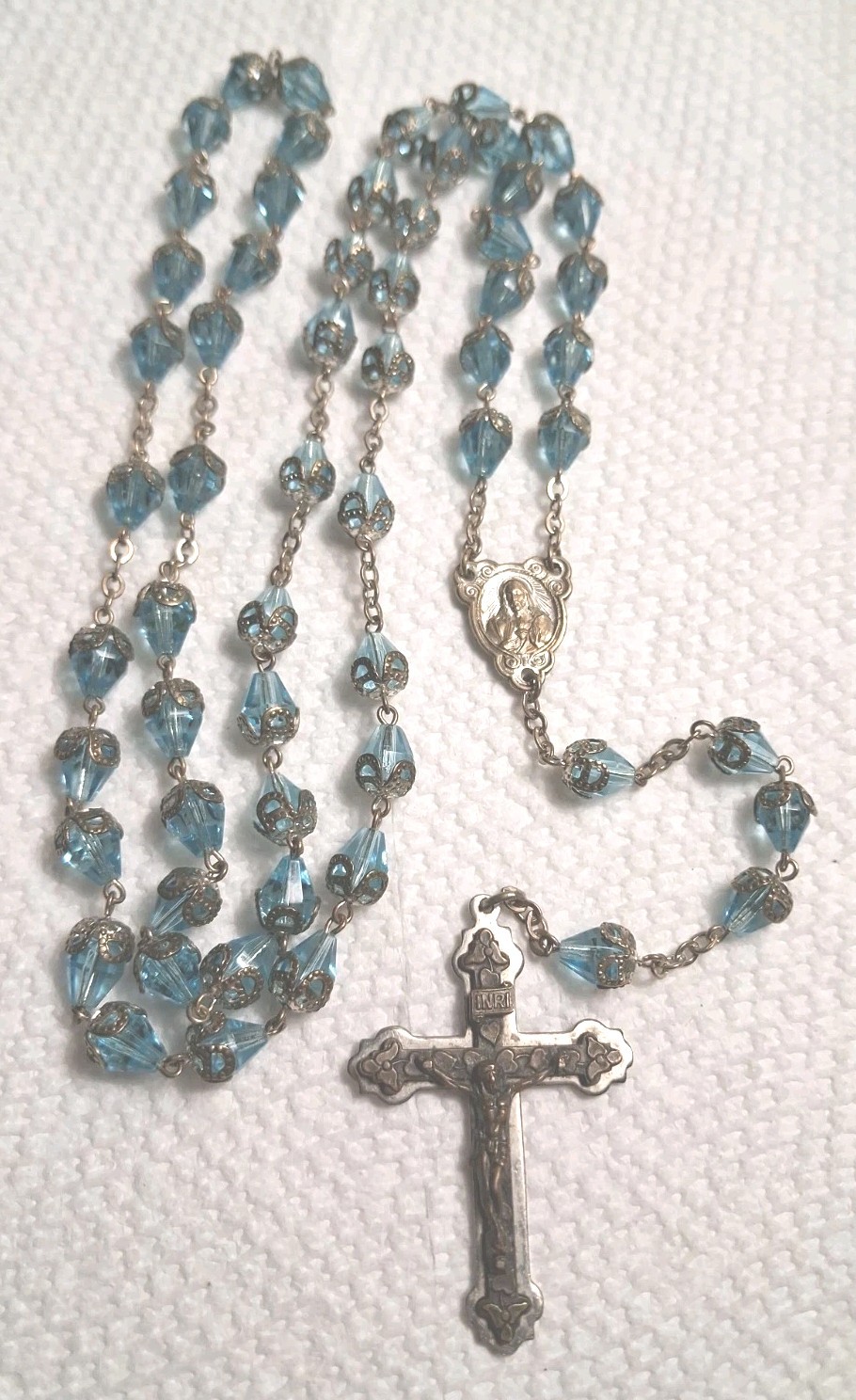 Vintage Filigree Capped Blue Crystal Rosary Sacred Heart Of Jesus Center