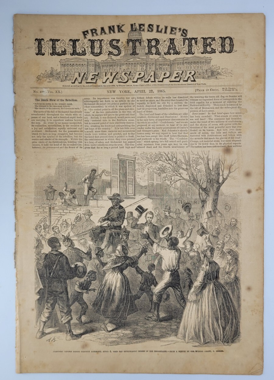 Frank Leslie's 4/22/1865 Civil War  Lincoln's famous visit to Richmond  / rare