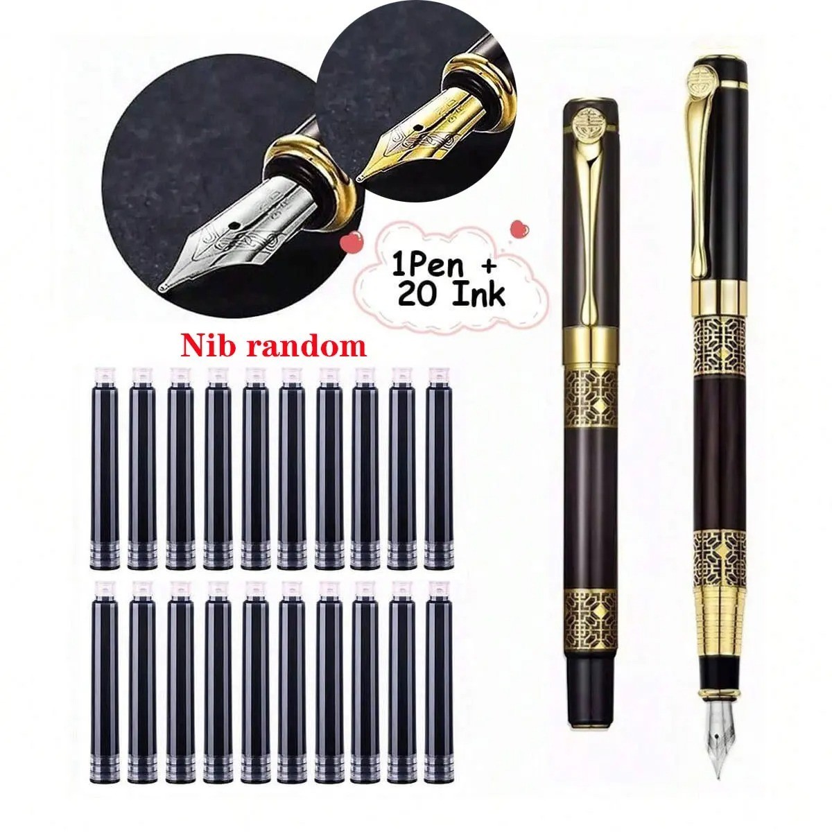 Fine Nib Metal Fountain Pen With 10pc Refillable Ink Cartridges Calligraphy Pen Fine Nib Metal Fountain Pen With 10pc Refillable Ink Cartridges Calligraphy Pen