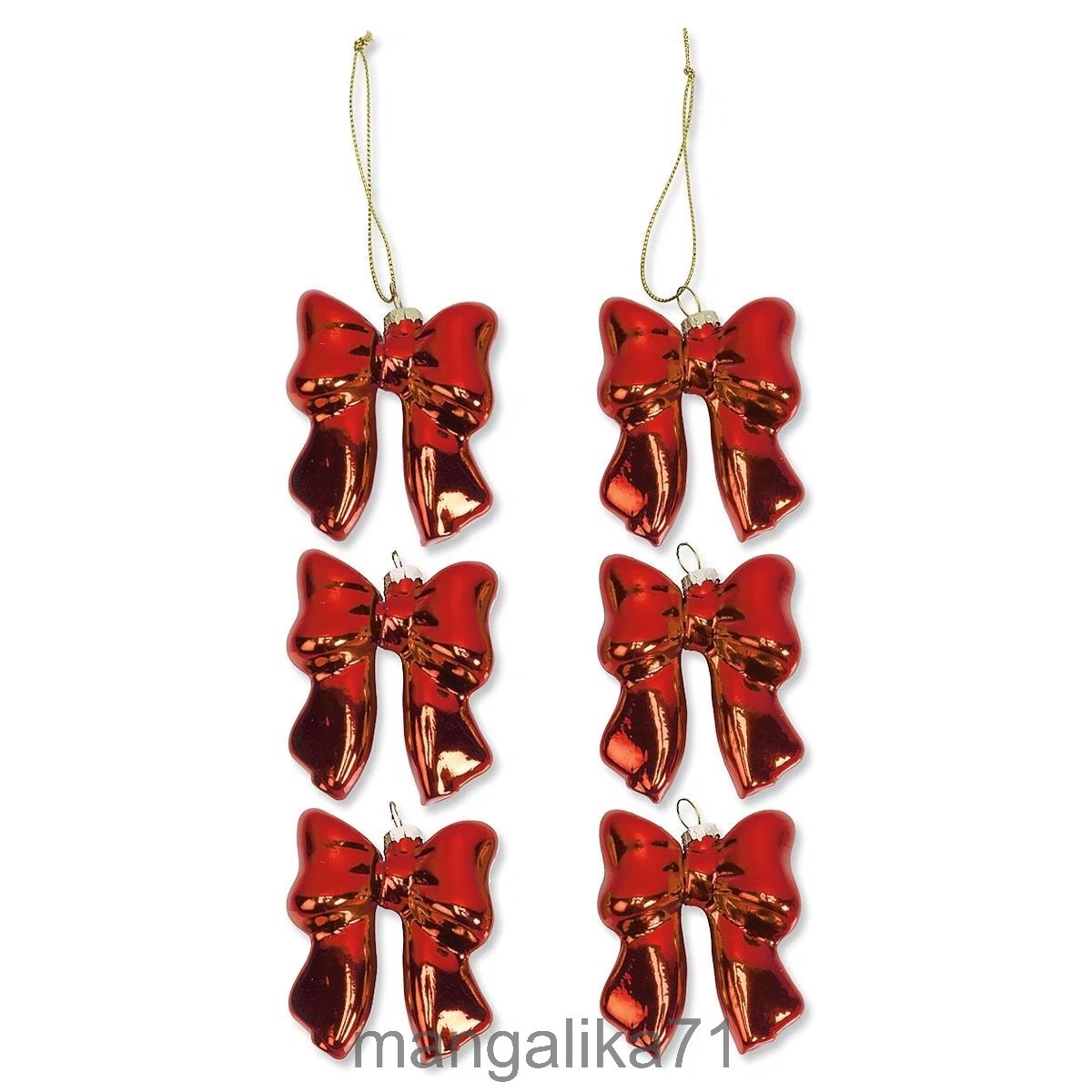 Set of 6 Red Bow Glass Ornaments - 
