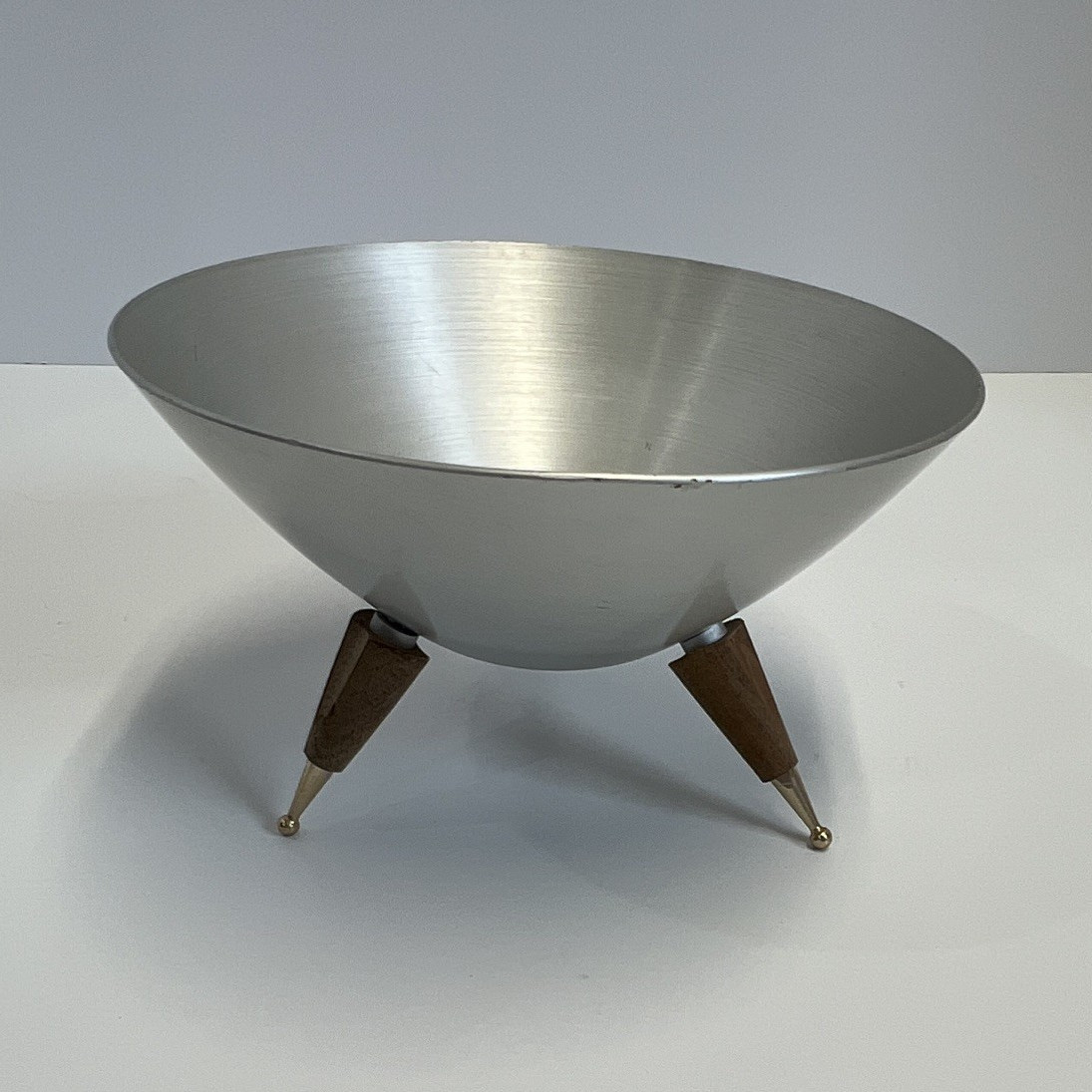 Mirro Medallion Aluminum Candy Dish Tripod Wood Legs Made USA Atomic Sputnik MCM
