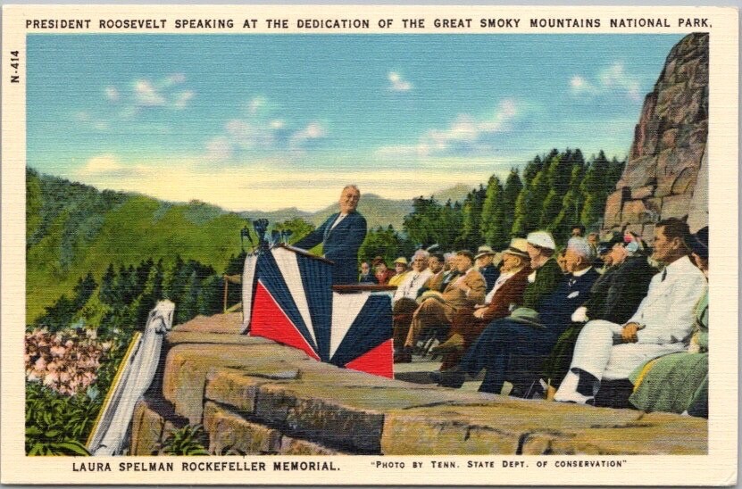 c1940s GSMNP / Great Smoky Mtns. NATIONAL PARK Linen Postcard / FDR Roosevelt