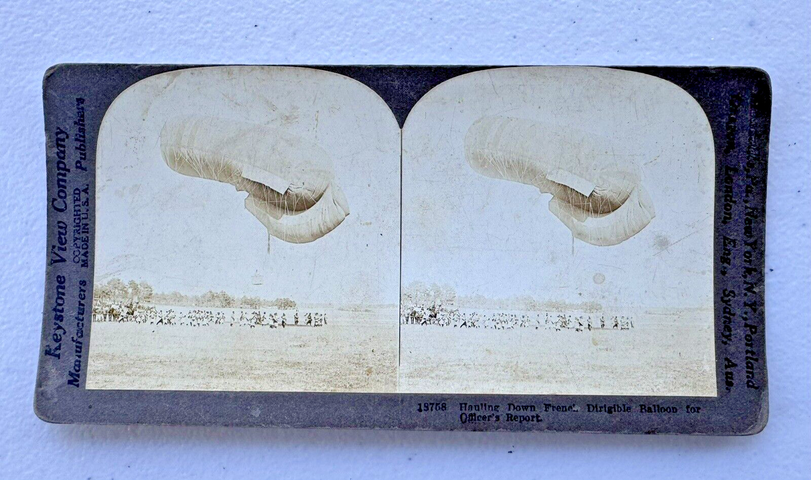 ANTIQUE KEYSTONE HAULING DOWN AN OBSERVATION BALLOON STEREOVIEW PHOTO CARD 18758
