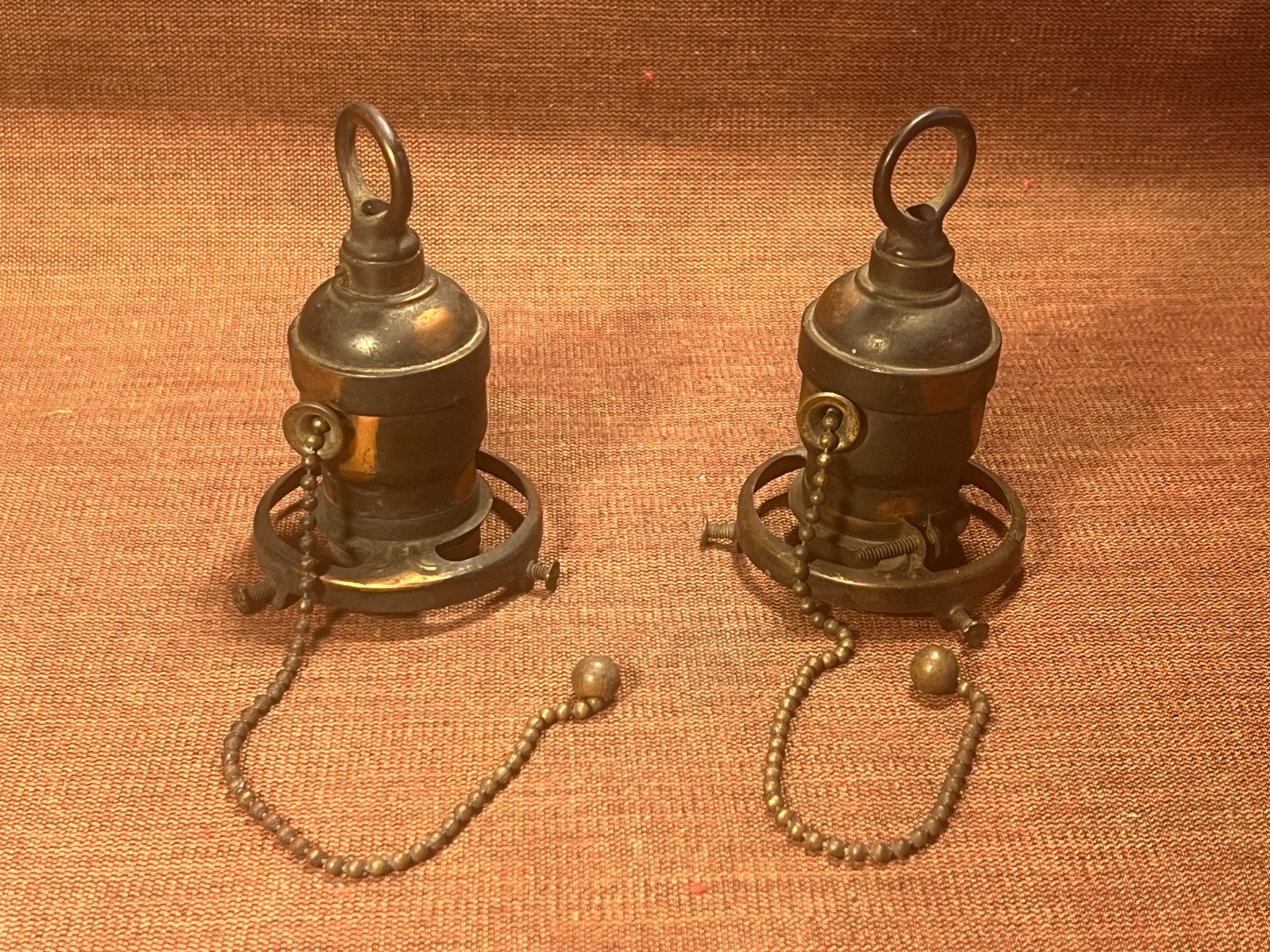 2 Antique Edison Japanned Pull Chain Lamp Sockets w 2 1/4\