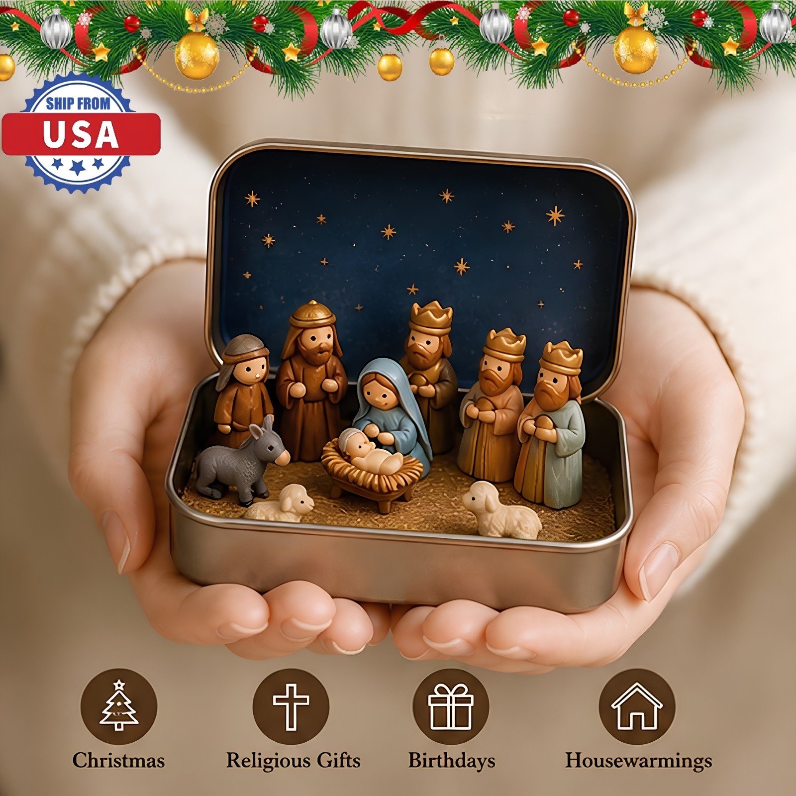 Mini Christmas Nativity Set in a Tin Box Pocket Nativity Jesus Classic Scene Tin