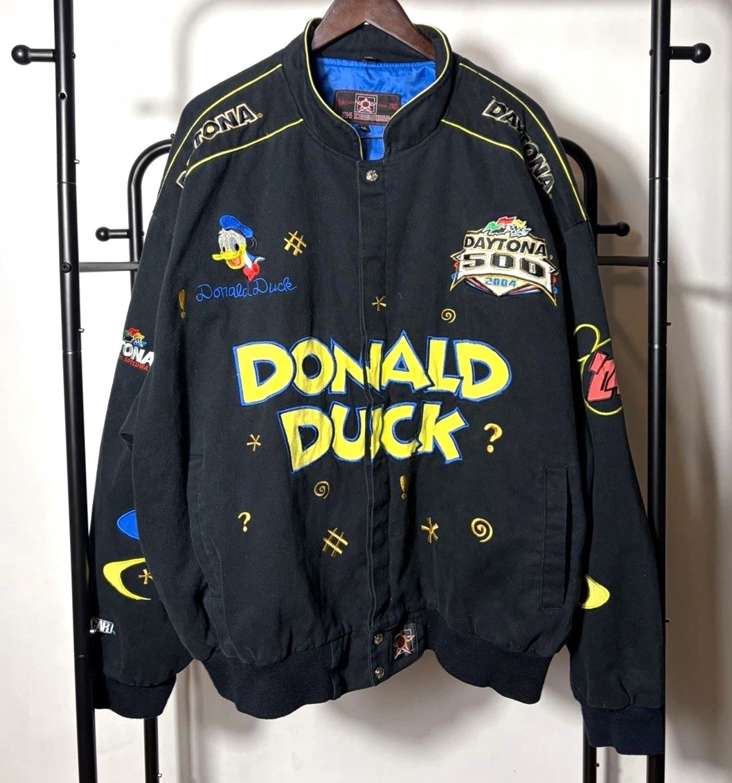 JH Design Disney Donald Duck Daytona 500 2004 Black Jacket Unisex 4XL