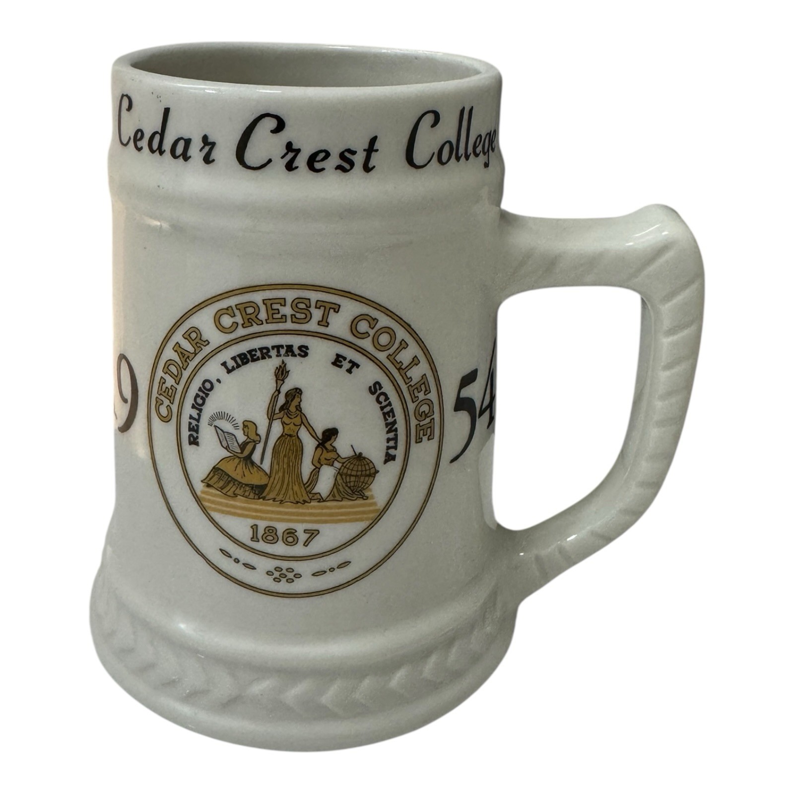 Cedar Crest College Stein Mug 1867 Seal Alumni Cup White Ceramic Beer Stein