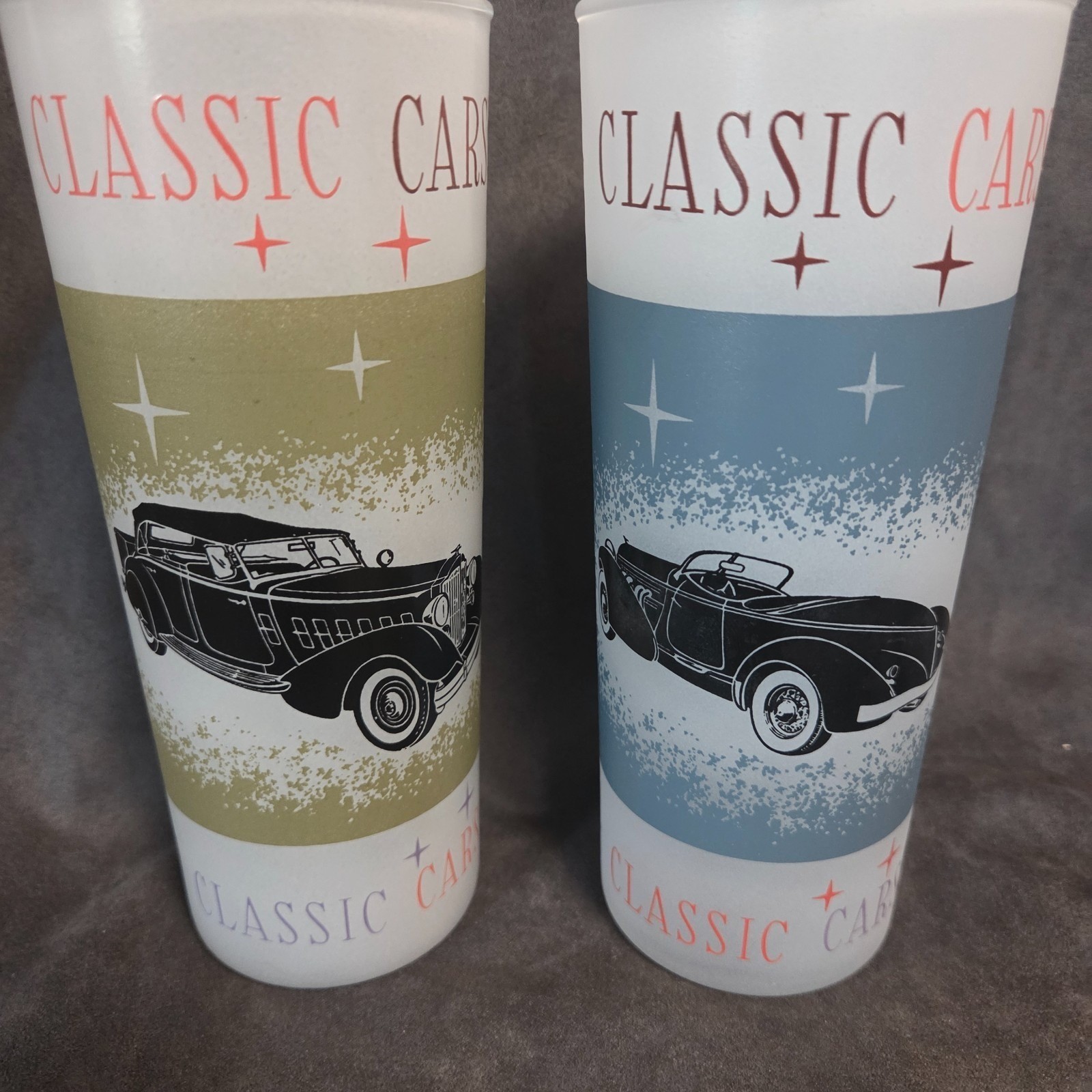 Vintage MCM Classic Cars Atomic Frosted Glass Tumblers Set of 2