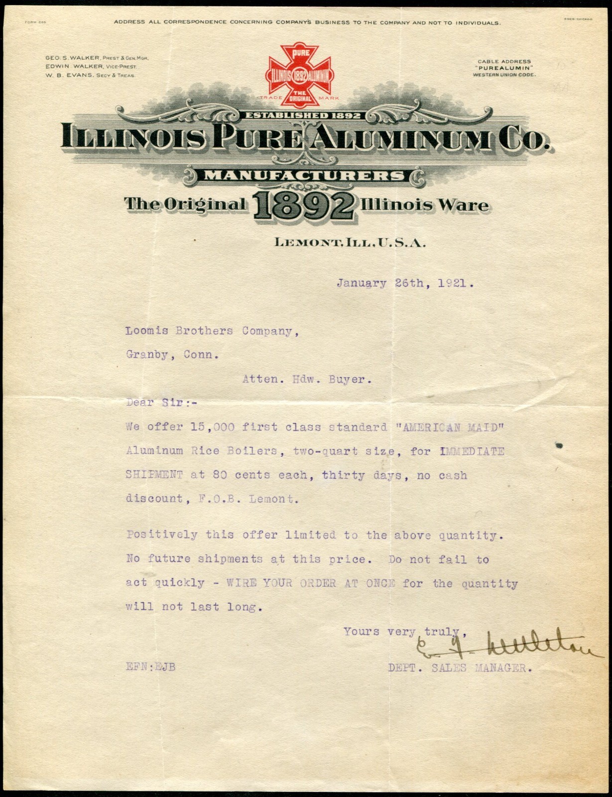 LEMONT, IL ~ ILLINOIS PURE ALUMINUM Co. MFRS., 1892 Ware ~ ILLUS LETTERHEAD 1921