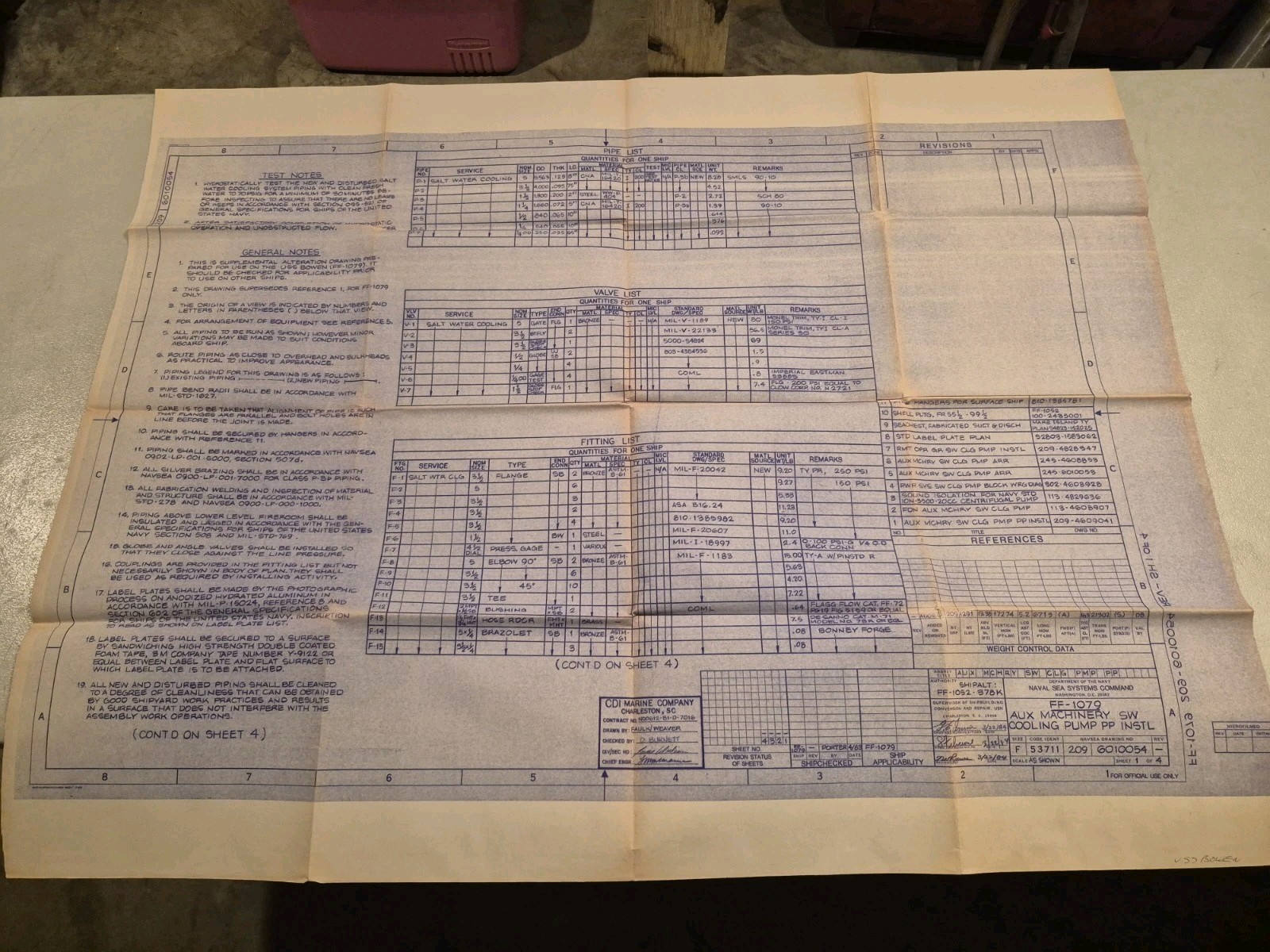 Vintage 1984 USS Bowen FF-1079 Navy Blueprints Plans SW Cooling Pump Sheet 1