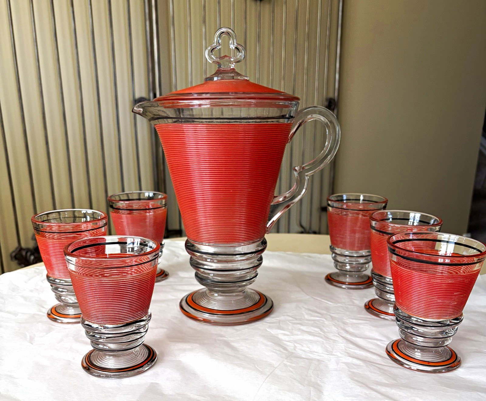 RARE Indiana Glass Old English Threading #172 set-Art Deco barware set 1925-30
