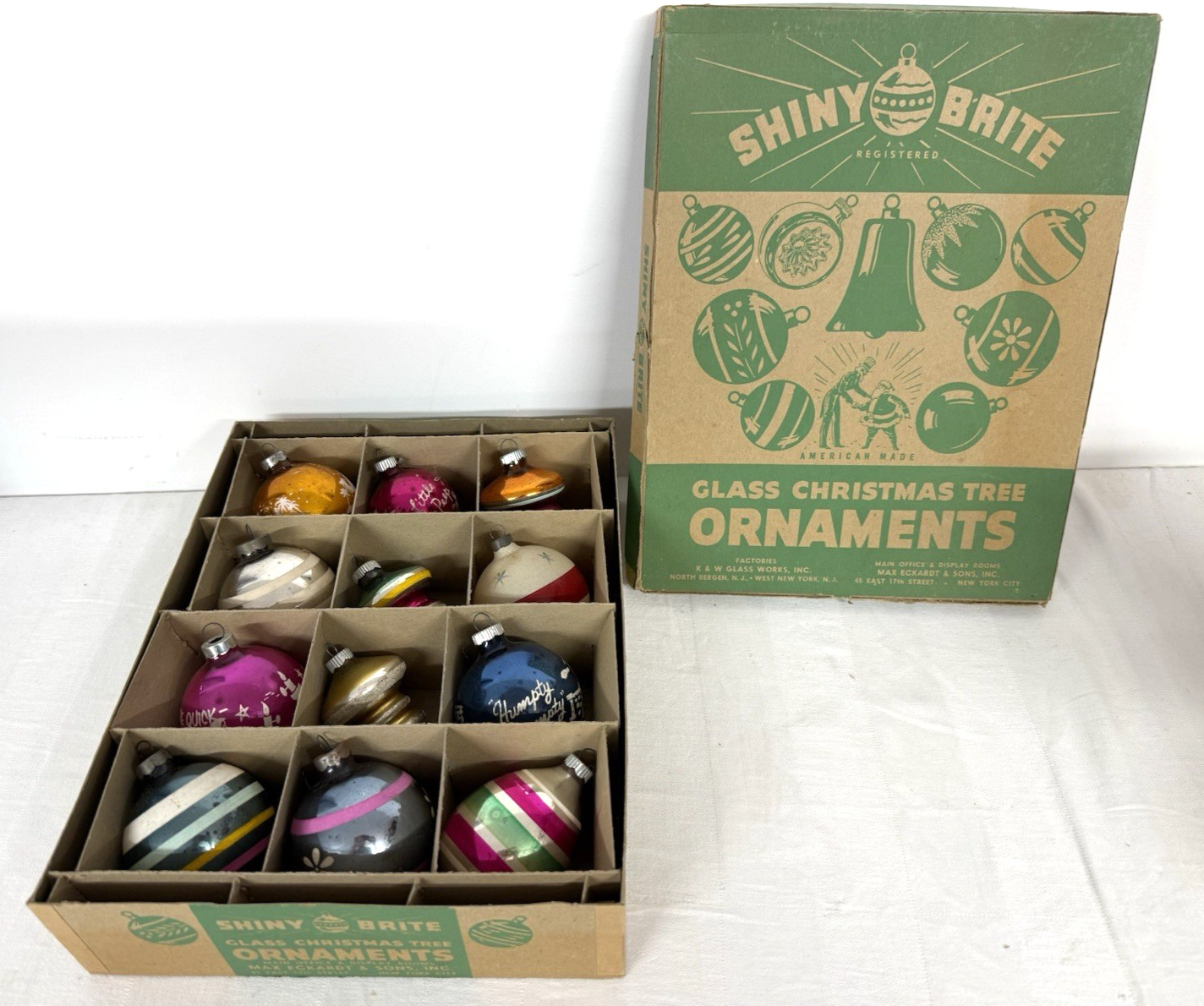 Vtg WWII Era & Earlier 12 Shiny Brite Mercury Glass Ornaments Stenciled, US of A