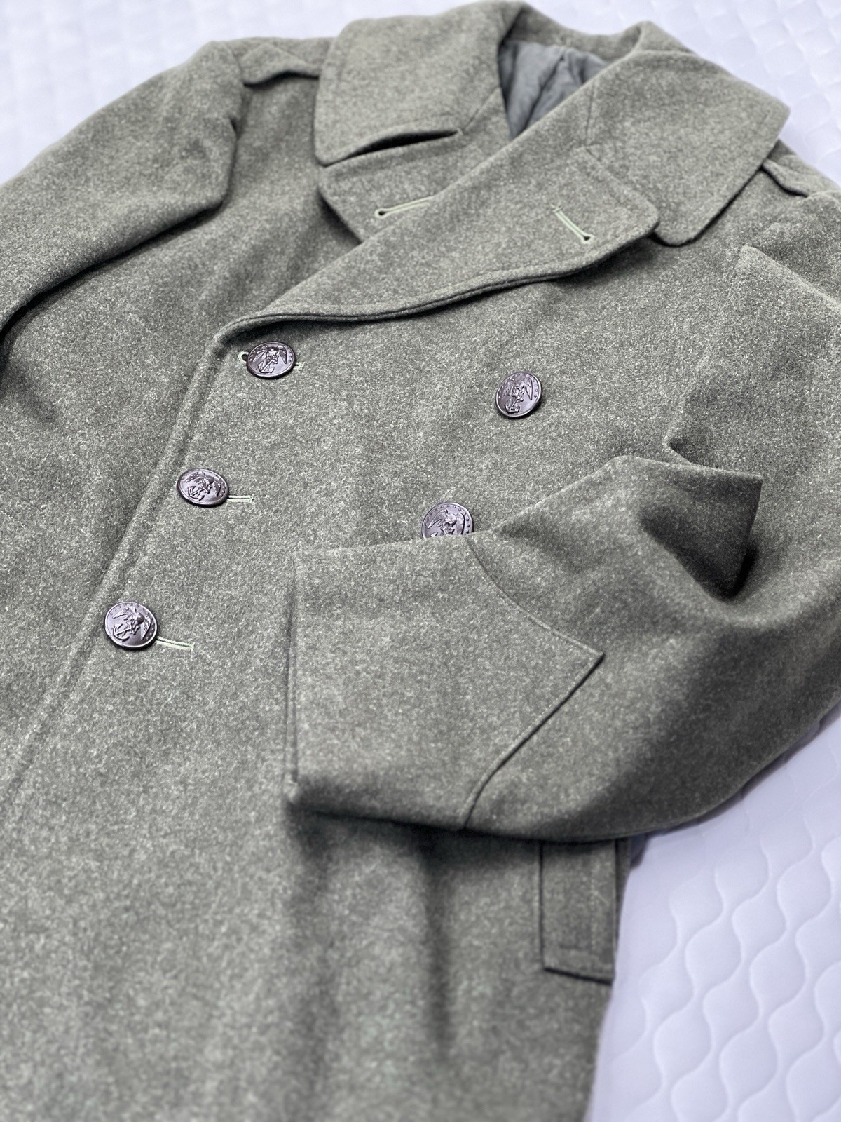 Vtg WW2 US Army M1939 Enlisted Wool Overcoat Trench Coat Greatcoat 34L 36L-Read