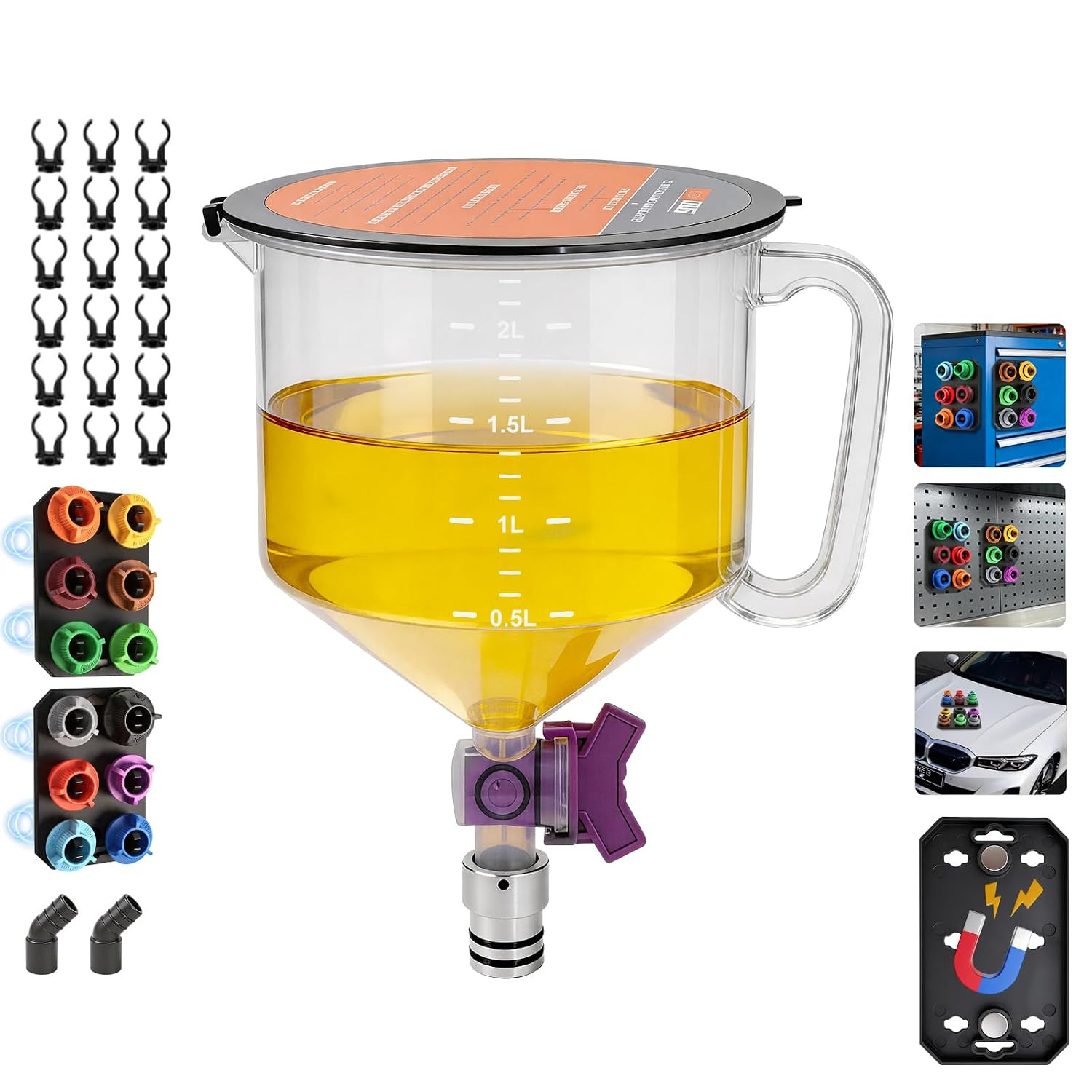 2.38QT/2.25L Engine Oil Funnel Kit,Spill Free Engine Oil Funnels for Automotive