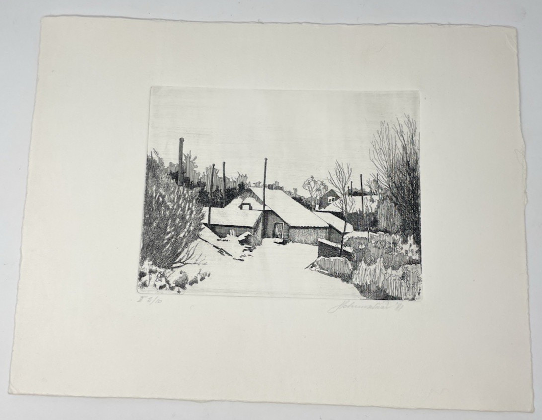 Vintage Etching Print Winter Landscape Snow Buildings Signed \'81 2/10 10”x13”