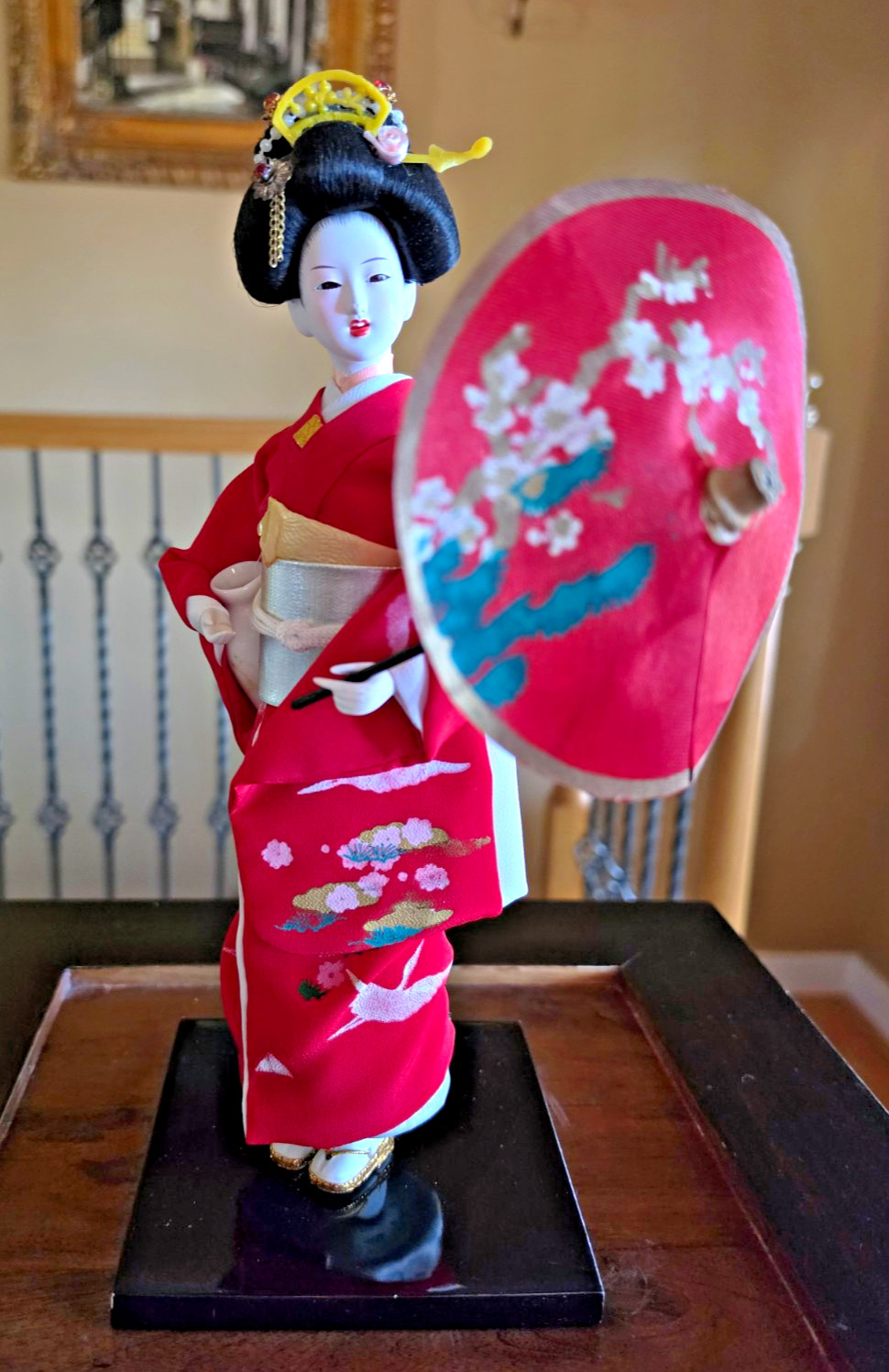 Vintage Japanese Geisha Doll Red Silk Kimono Crane Parasol Umbrella 12\