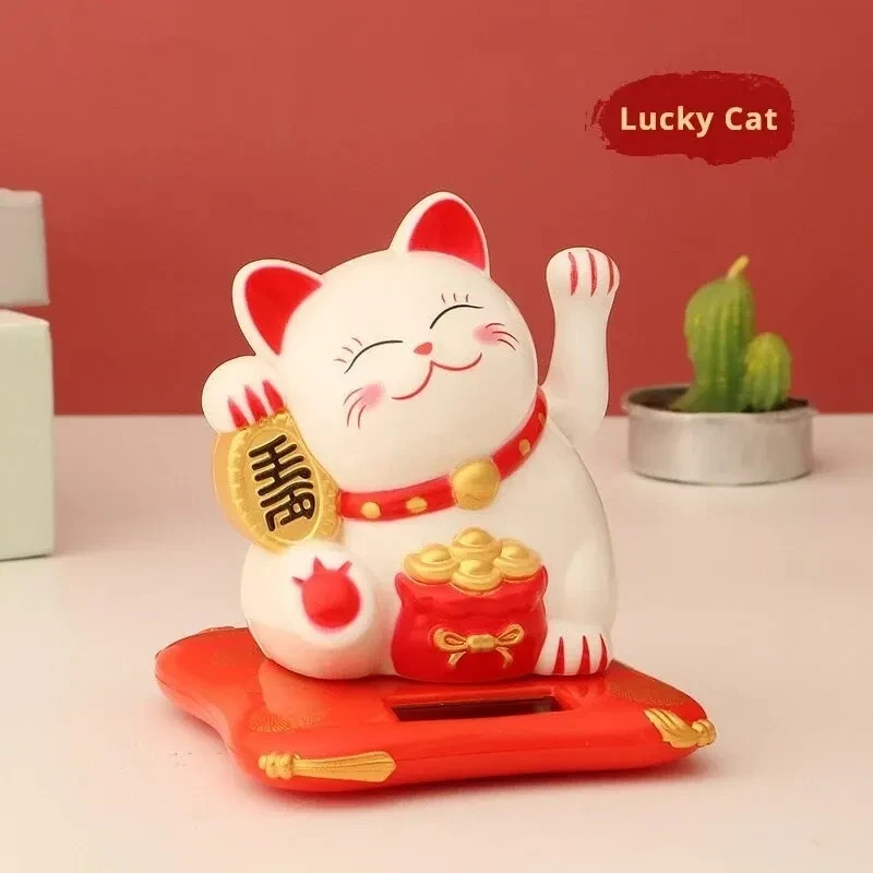 Lucky Solar Powered Waving Cat Beckoning Wealth Fortune Ornament for Home Office