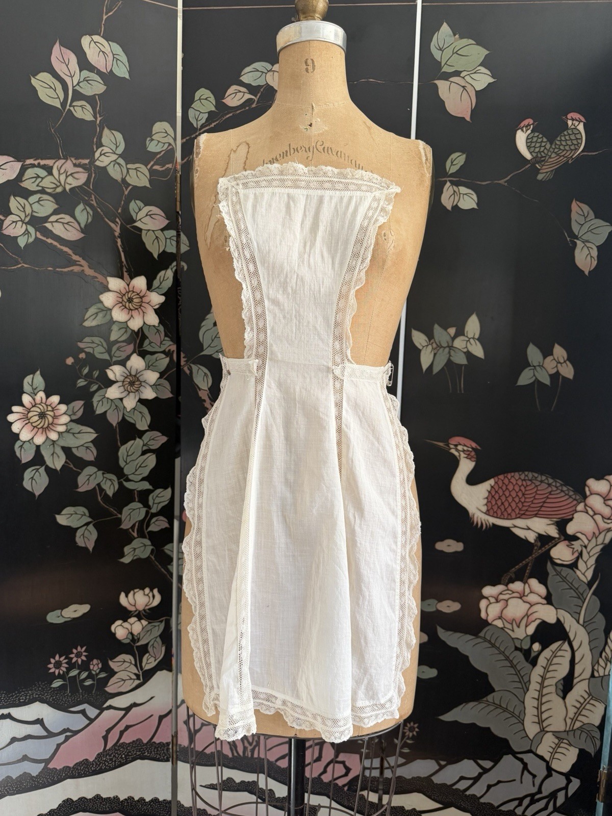 Antique Edwardian House Maid Bib Apron Pin On White Batiste & Lace XS/S