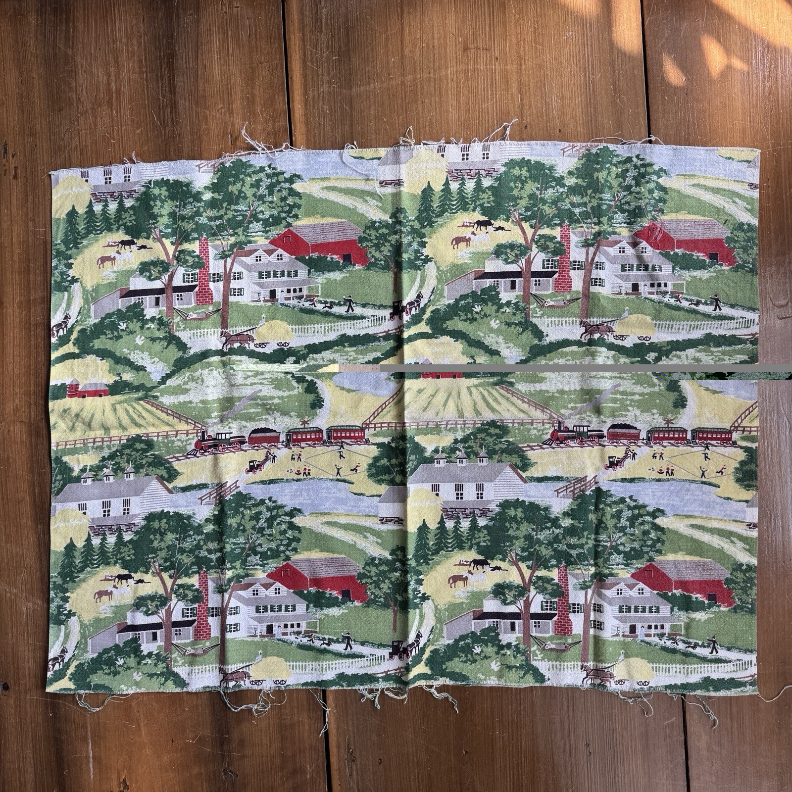 Vintage Mid Century Grandma Moses Barkcloth Fabric 35” X 25 3/4” Remnant