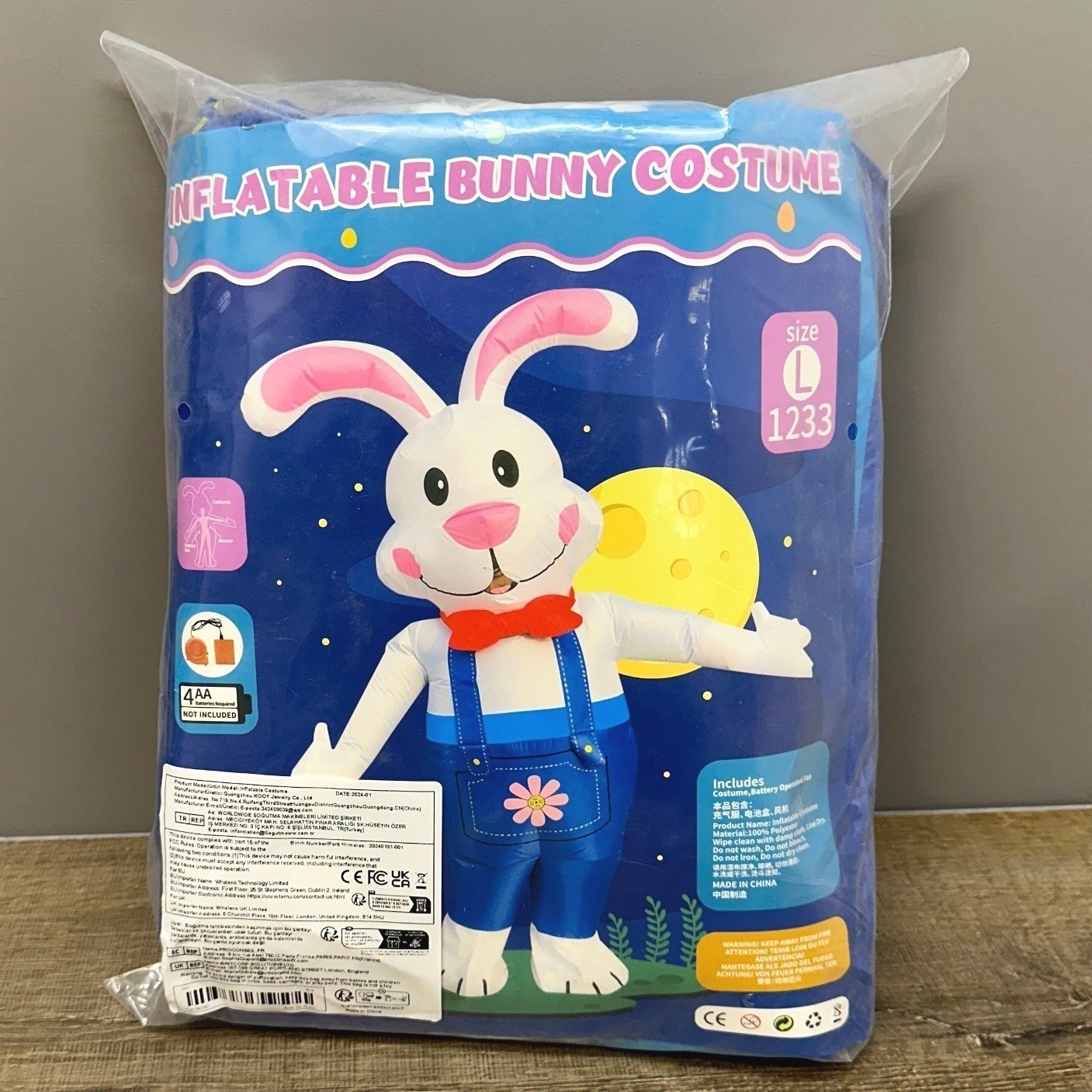 Inflatable Bunny Costume Blue Overalls Easter Rabbit Adult Size L 1233 New