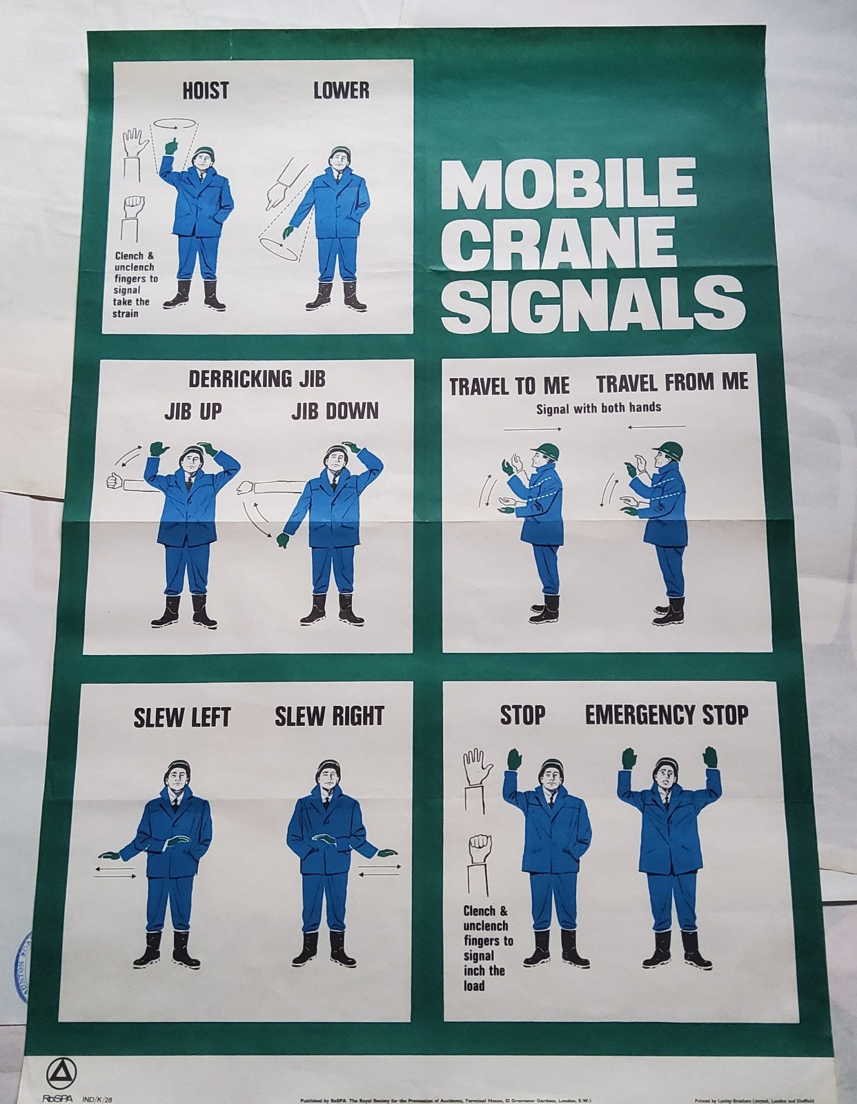 Vintage 1967 RoSPA Mobile Crane Hand Signals Safety Poster – 76 x 50.5 cm