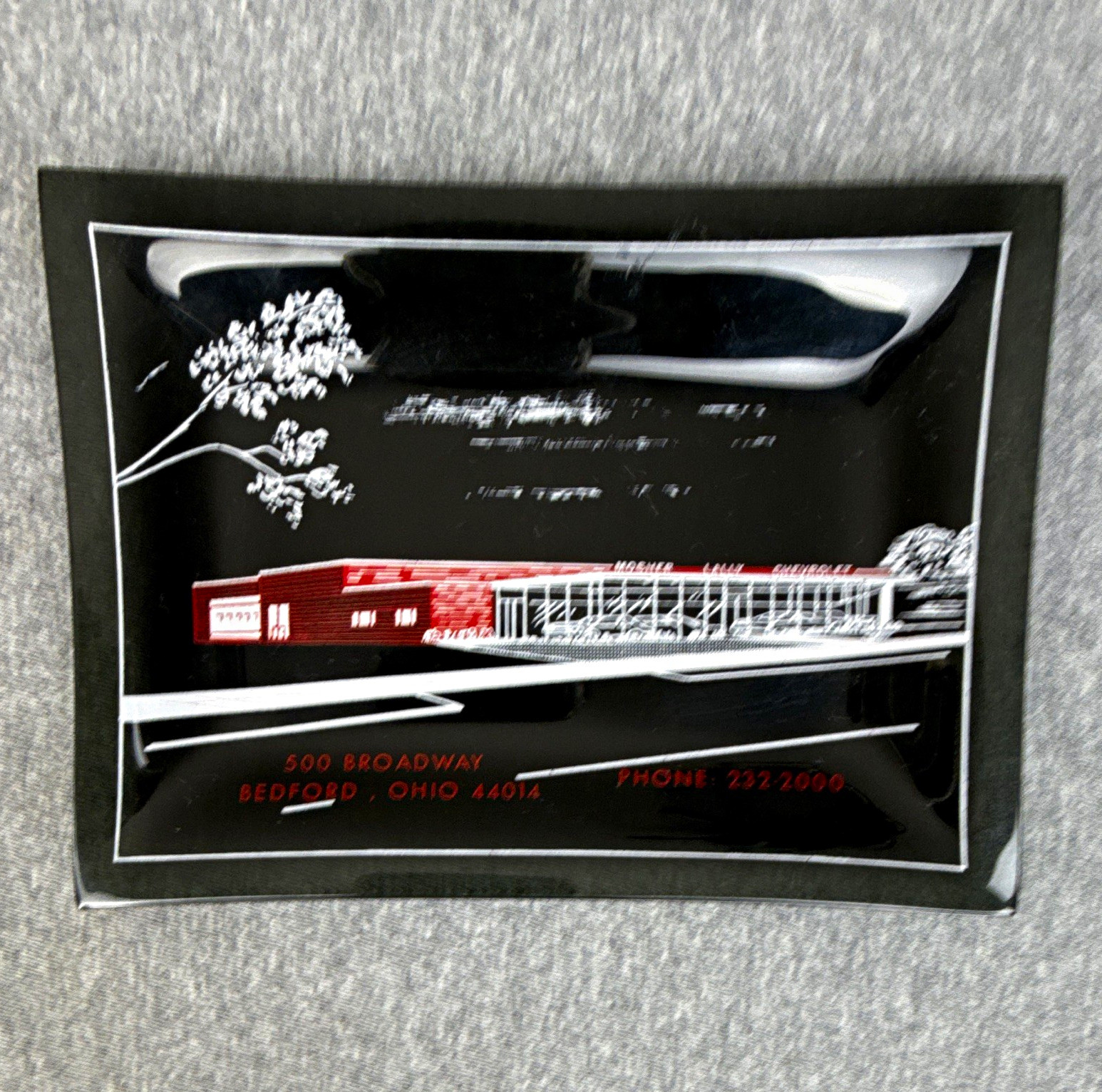 Vintage Mosher Lally Chevrolet Glass Tray Ashtray Bedford Ohio Auto Mile Promo