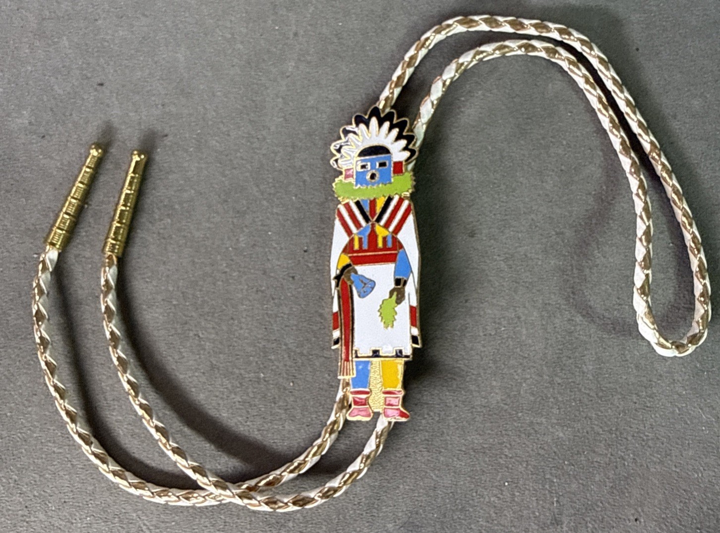 Vintage W.S.A. ‘75 Tucson, AZ. Native American Indian Kachina Gold Tone Bolo Tie