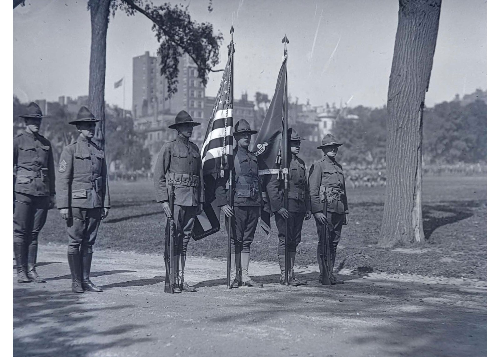 1916 WWI Harvard Students ROTC Preparedness Color Guard Glass Negative OOAK