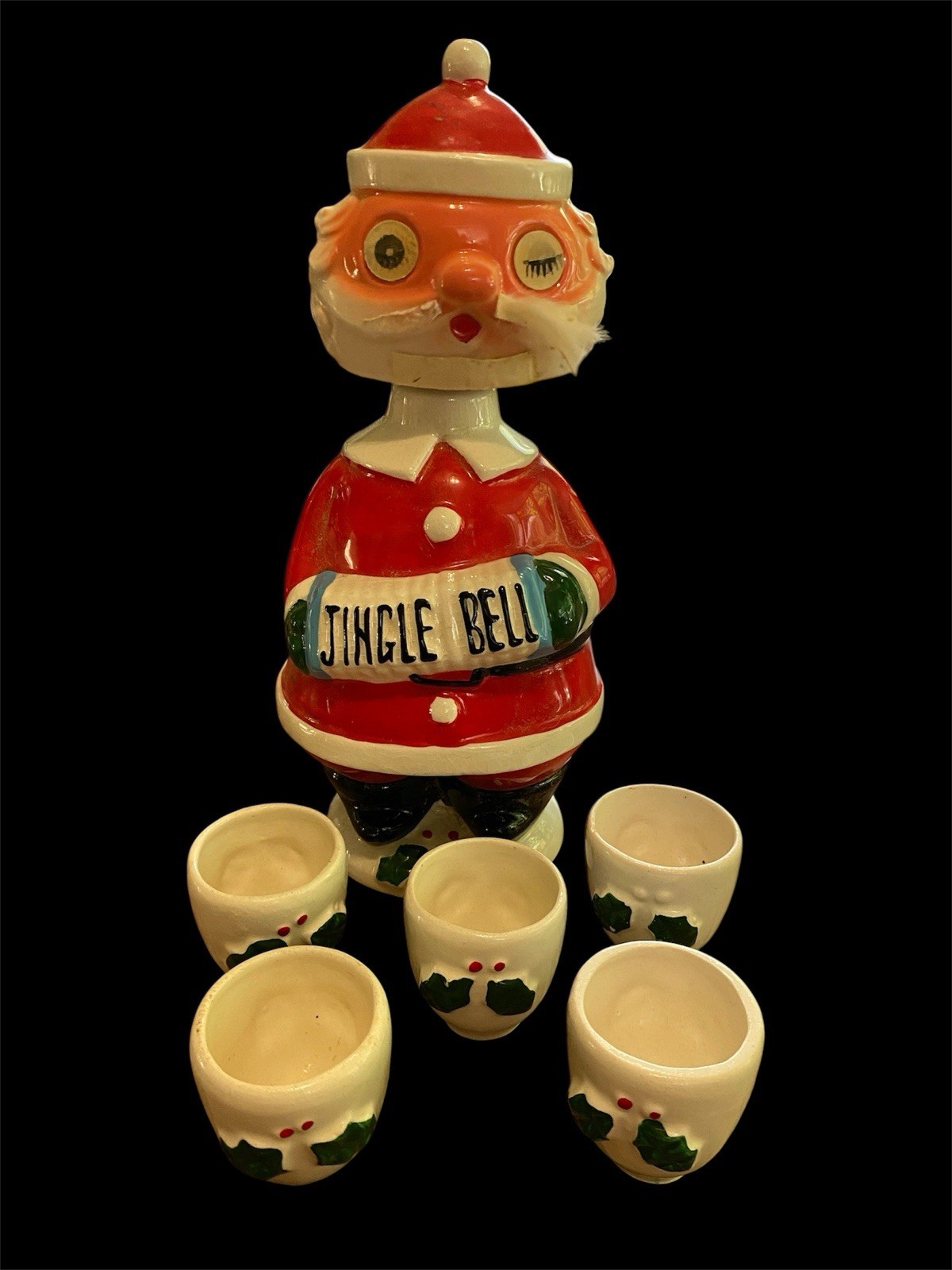 Vintage MCM Santa Decanter Winking Eyes Nodder Bobblehead Shot Glasses Japan 10”