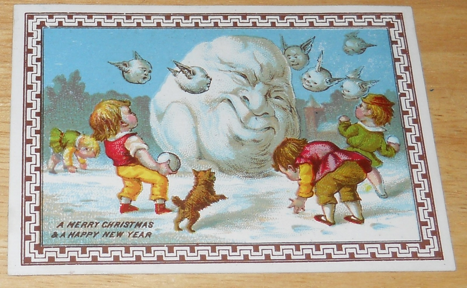 Vtg Trade Card~Merry Christmas/Happy New Year~Snowball w/Boys Throwing Snowballs