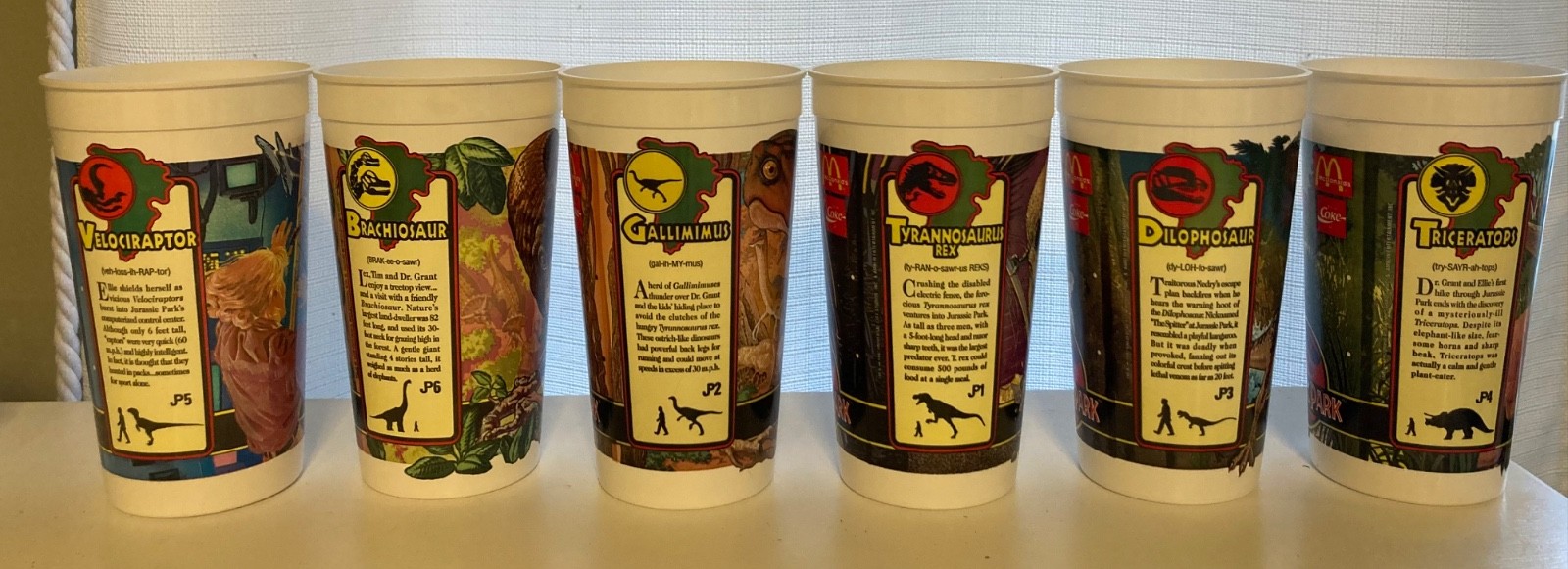 6 Jurassic Park McDonald\'s Dinosaur Collector Cup Cups Lot Complete Set 1992