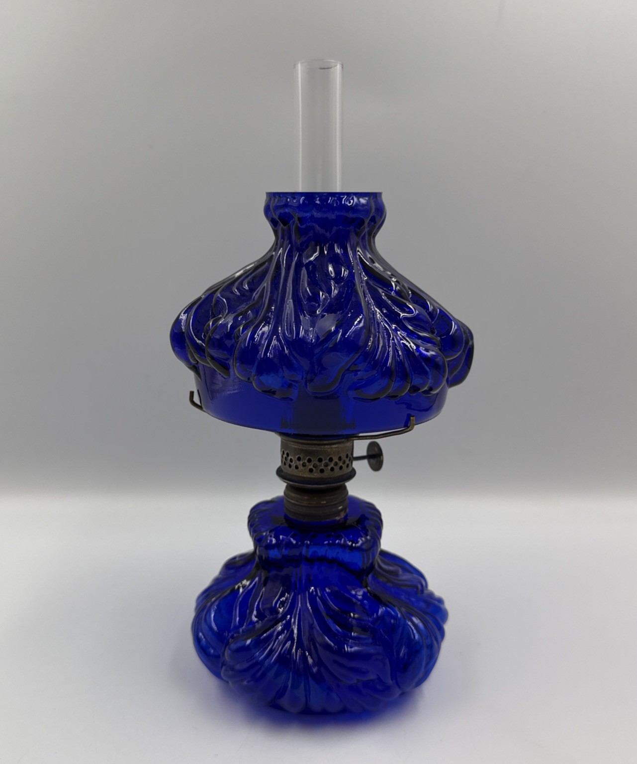 VTG Unbranded Cobalt Pressed Glass Oil Lamp W/Nutmeg Burner Embossed Art Decor