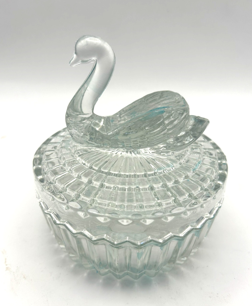 Swan on Nest VTG Jeannette Covered Glass Box Vanity Dish Lipstick Candy Trinkets