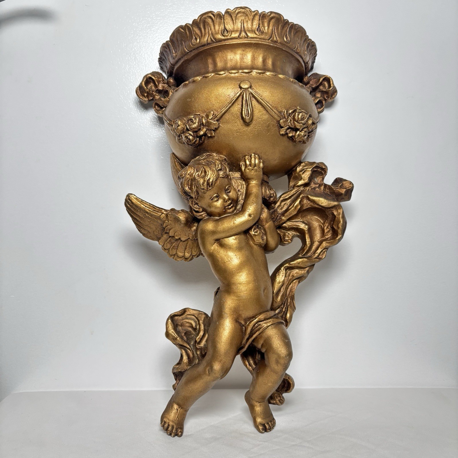 Vintage 1975 Angel Cherub Victorian Gold Wall Pocket Hollywood Regency USA