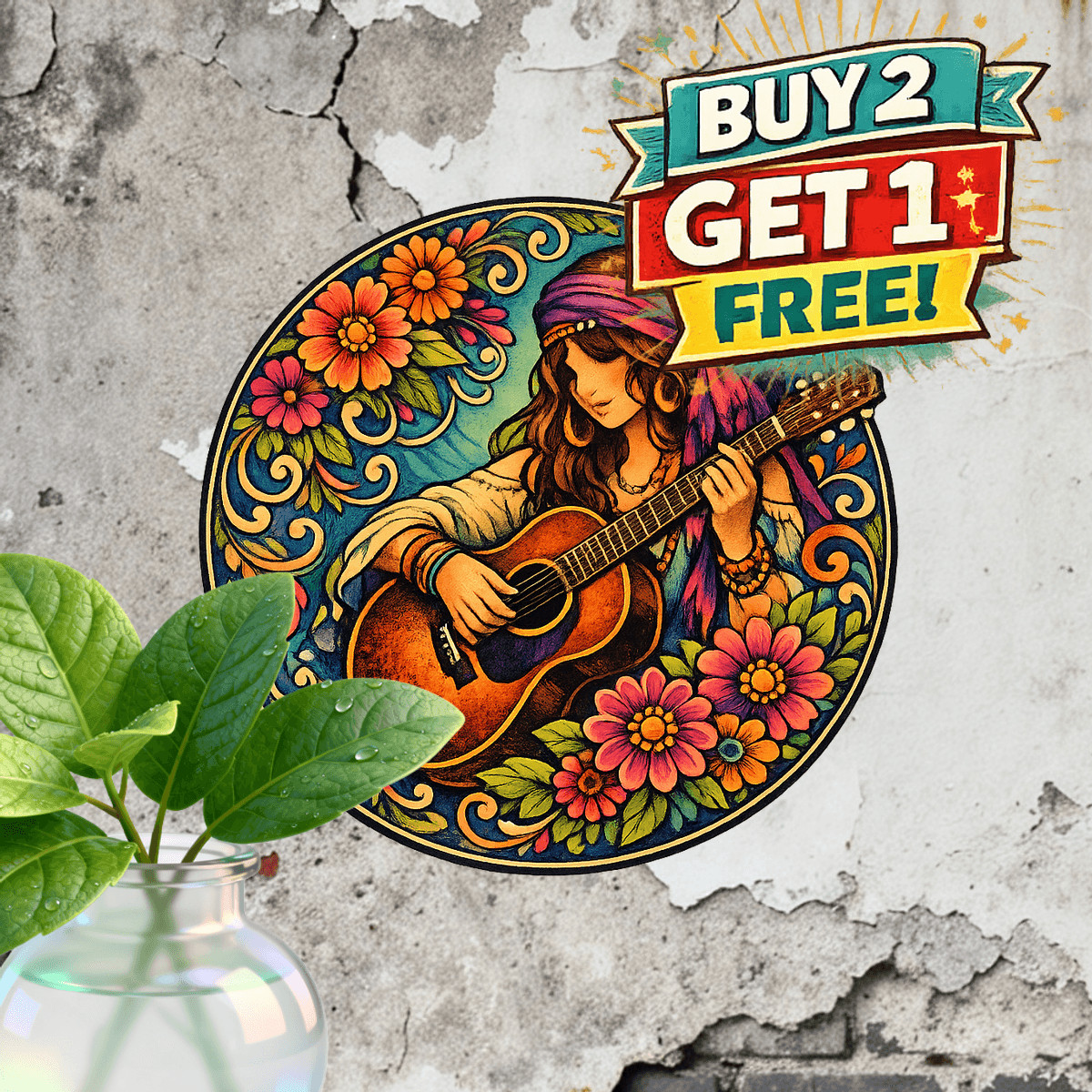 Floral Swirl Acoustic Guitar Girl Metal Sign Vintage Music Room Decor 8x8