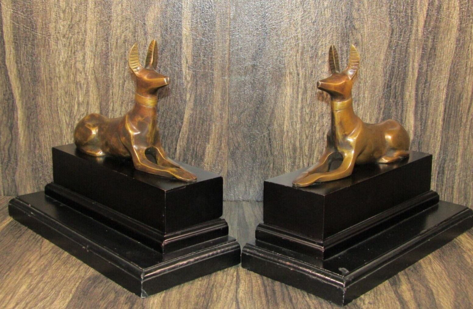 Vintage Egyptian Revival Bronze Bookends Set Seated Anubis Jackel Dog God