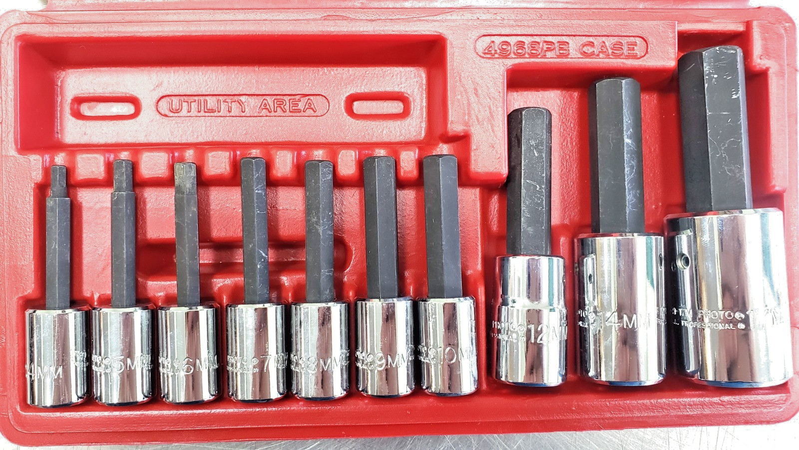 Proto USA J4900MA-TT 10pc METRIC 4-17mm HEX Socket Bit Set, 3/8, 1/2\