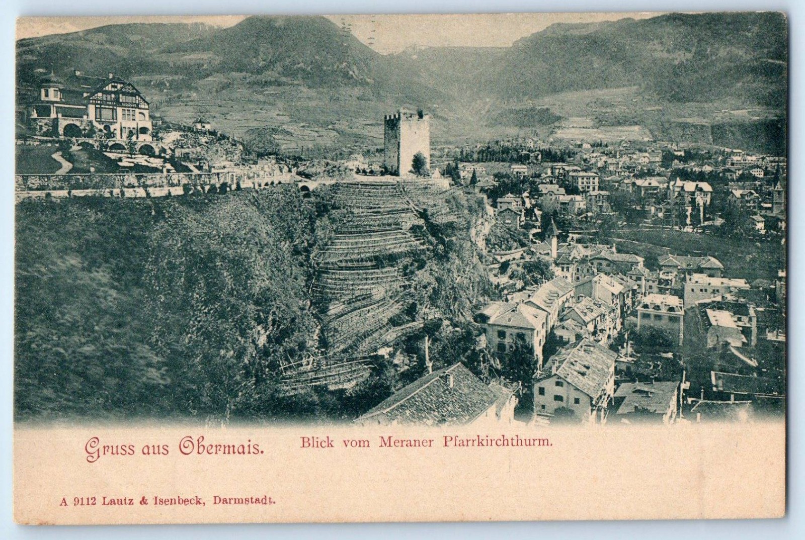 South Tyrol Italy Postcard Greetings from Obermais Merano Church Tower c1905
