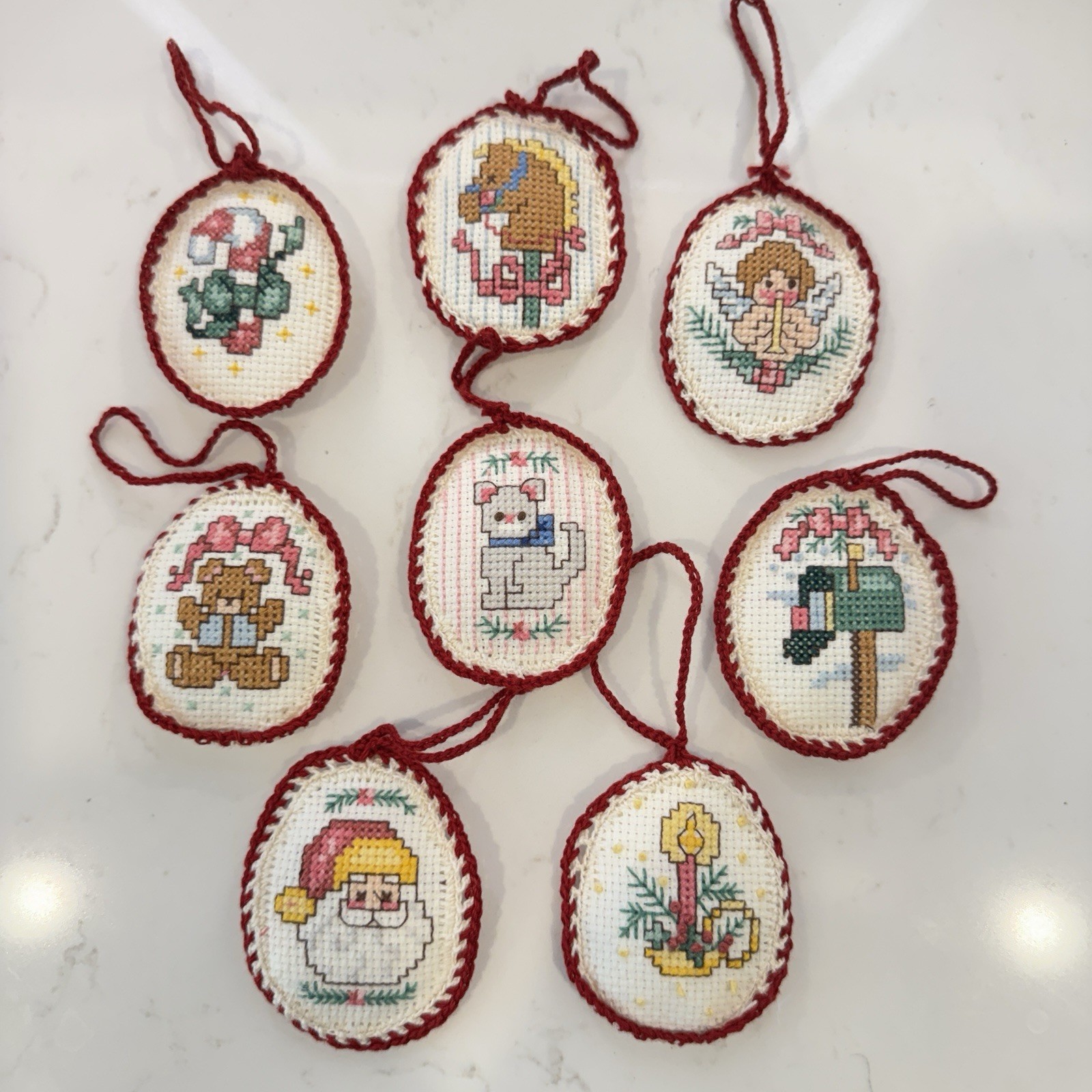 Vintage Cross-Stitch Christmas Ornaments Cottage Core Oval Lot 90s Cat Santa