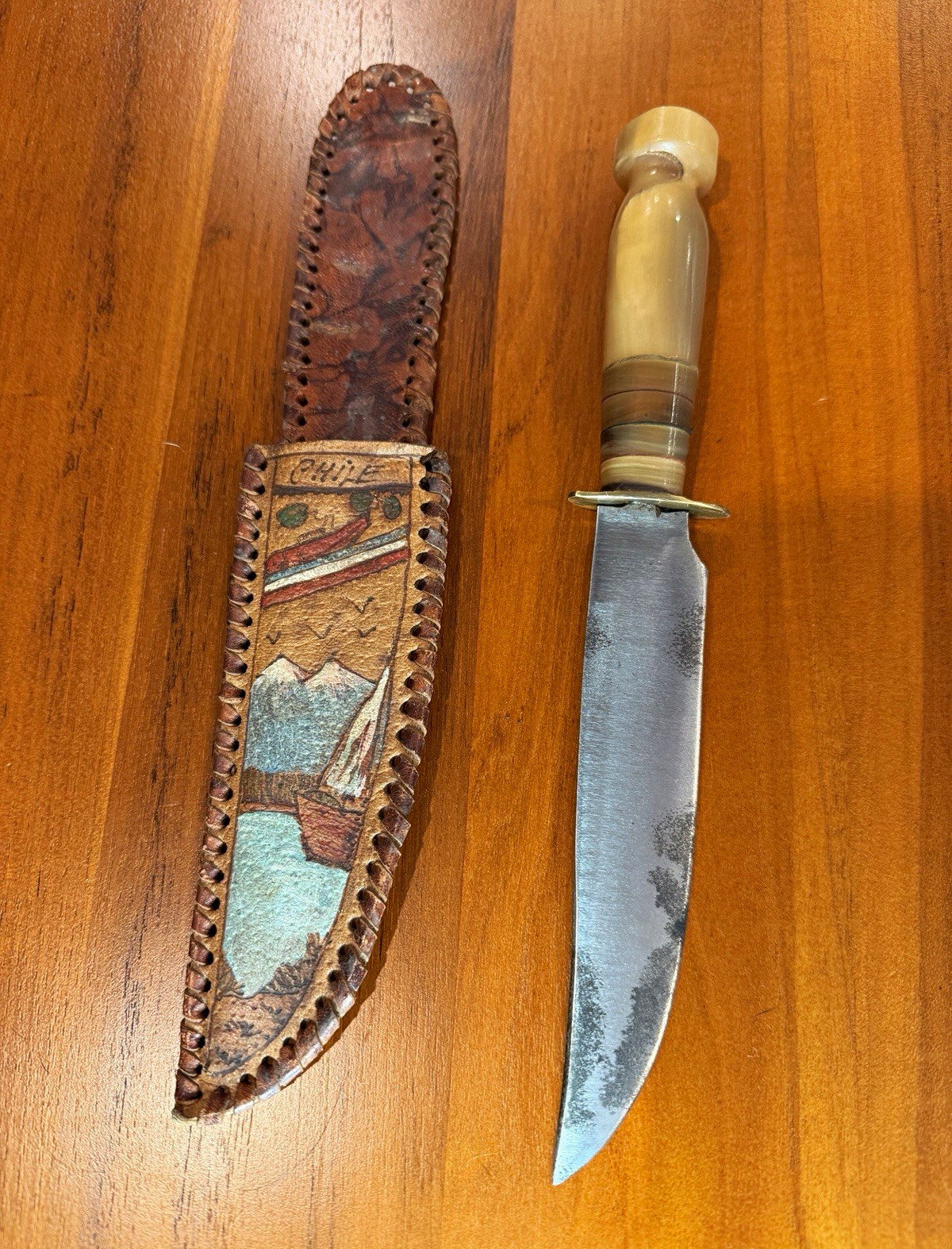 Vintage 1958 Chilean Knife Horn Handle Hand Tooled Leather Sheath Folk Art