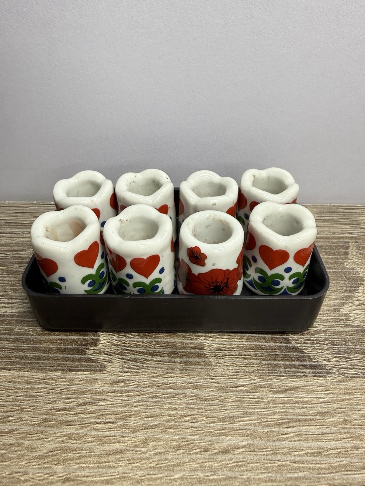8pc Heart Design Germany Mini Candle Holders Red Hearts W/Tray