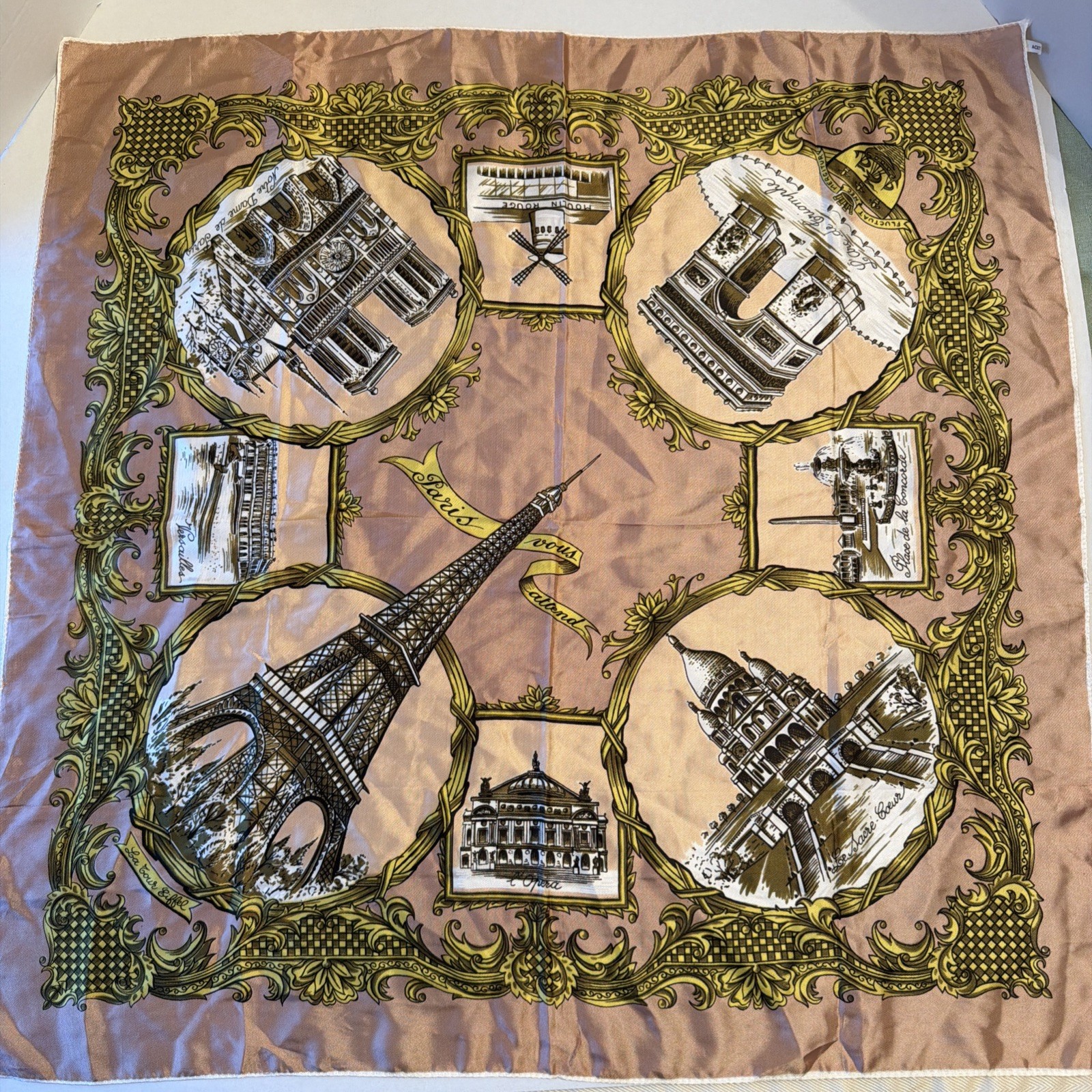 Vintage Paris France Scarf Landmarks & Eiffel Tower Souvenir 30” Beautiful