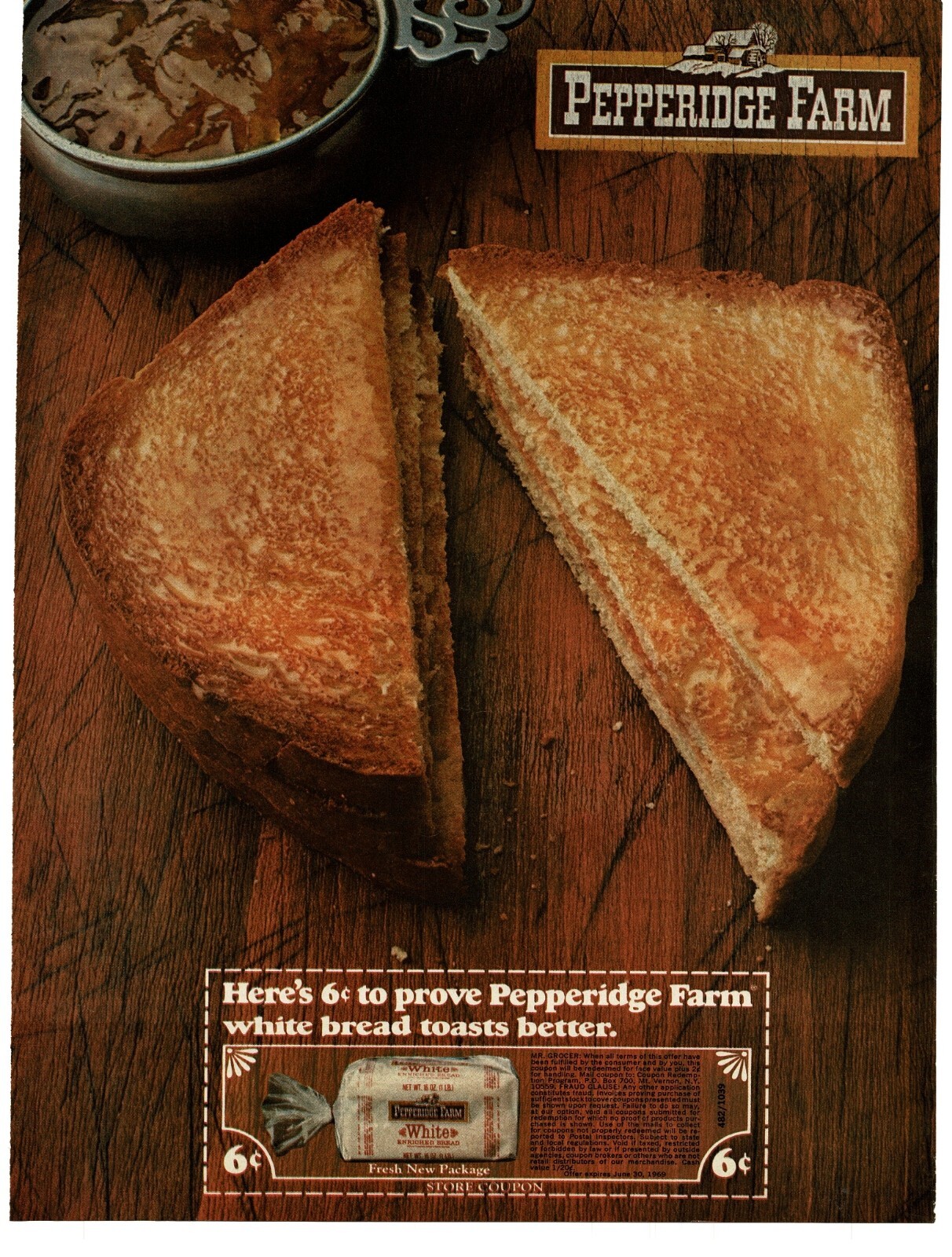 1968 PEPPERIDGE FARM White Bread Toast with coupon Vintage Print Ad