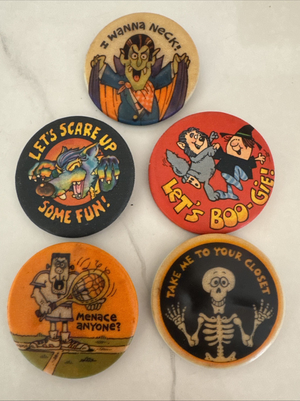 Vintage Lot 6 LET\'S BOO-GIE I Wanna Neck Halloween HALLMARK Pin PINBACK Button