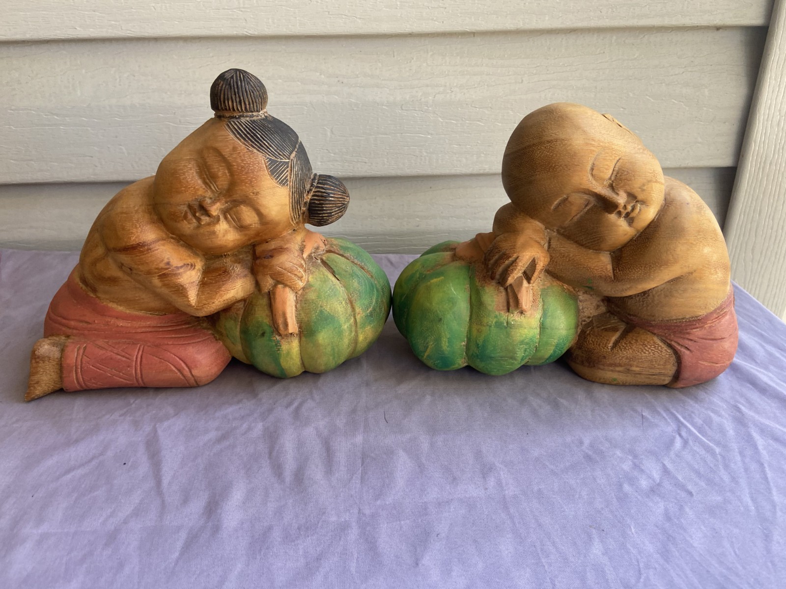 Vintage Hand Carved Asian Boy and Girl Sleeping on Melons Good Luck Set