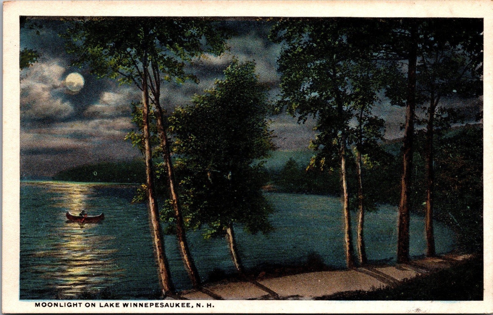 Postcard~Moonlight on Lake Winnepesaukee, New Hampshire~Canoe~Scenic~c1920s