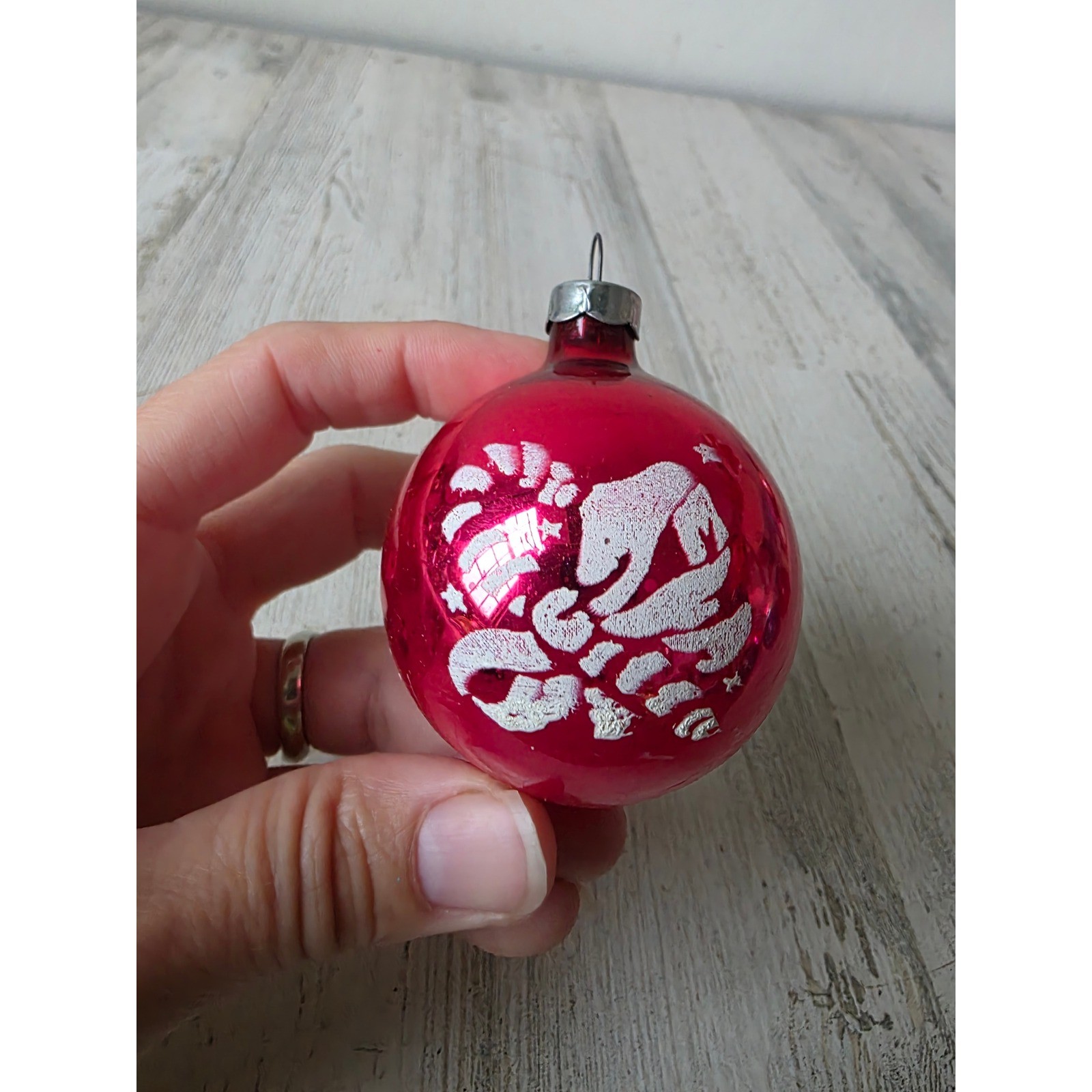 Vintage Franke? Candy cane stencil red glass ornament Xmas tree