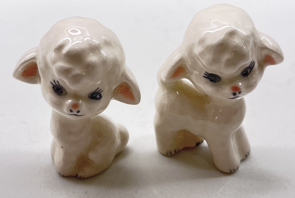 Vintage Porcelain Miniature Lamb Figurines (2) Mid Century Kitsch Whimsical 
