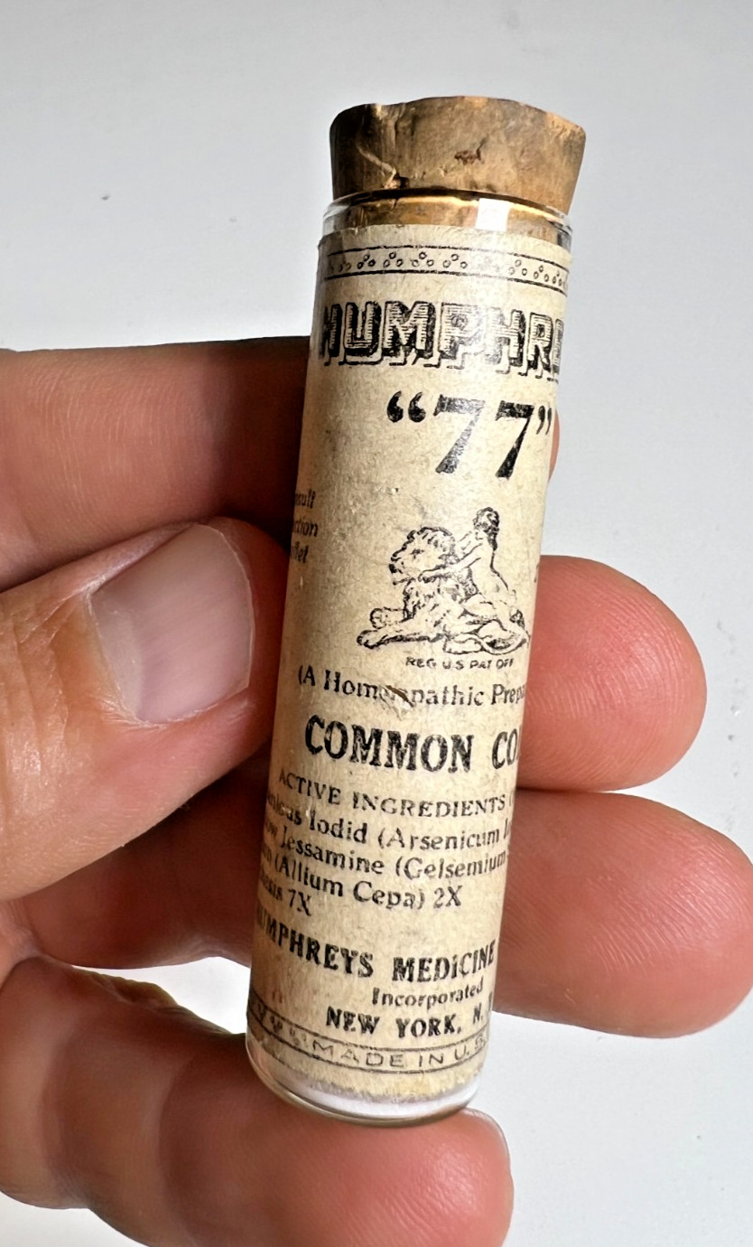 Vintage Antique 1940 Humphreys 77 Common Colds Bottle Cork Label New York NY NYC