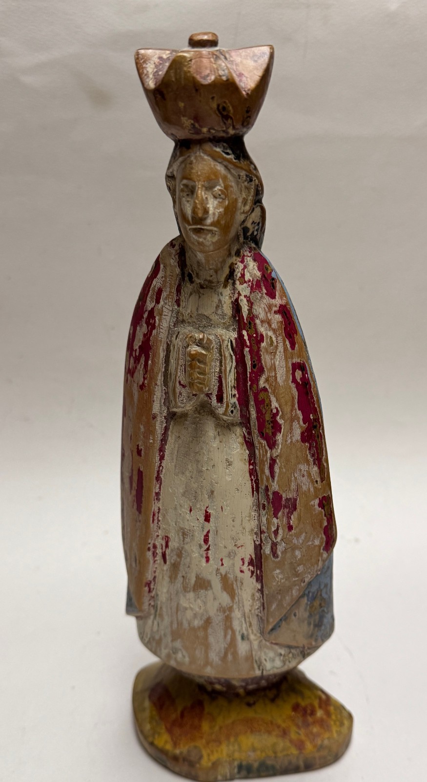 Antique Santo Figurine Virgin Mary, Painted Wood, 11\